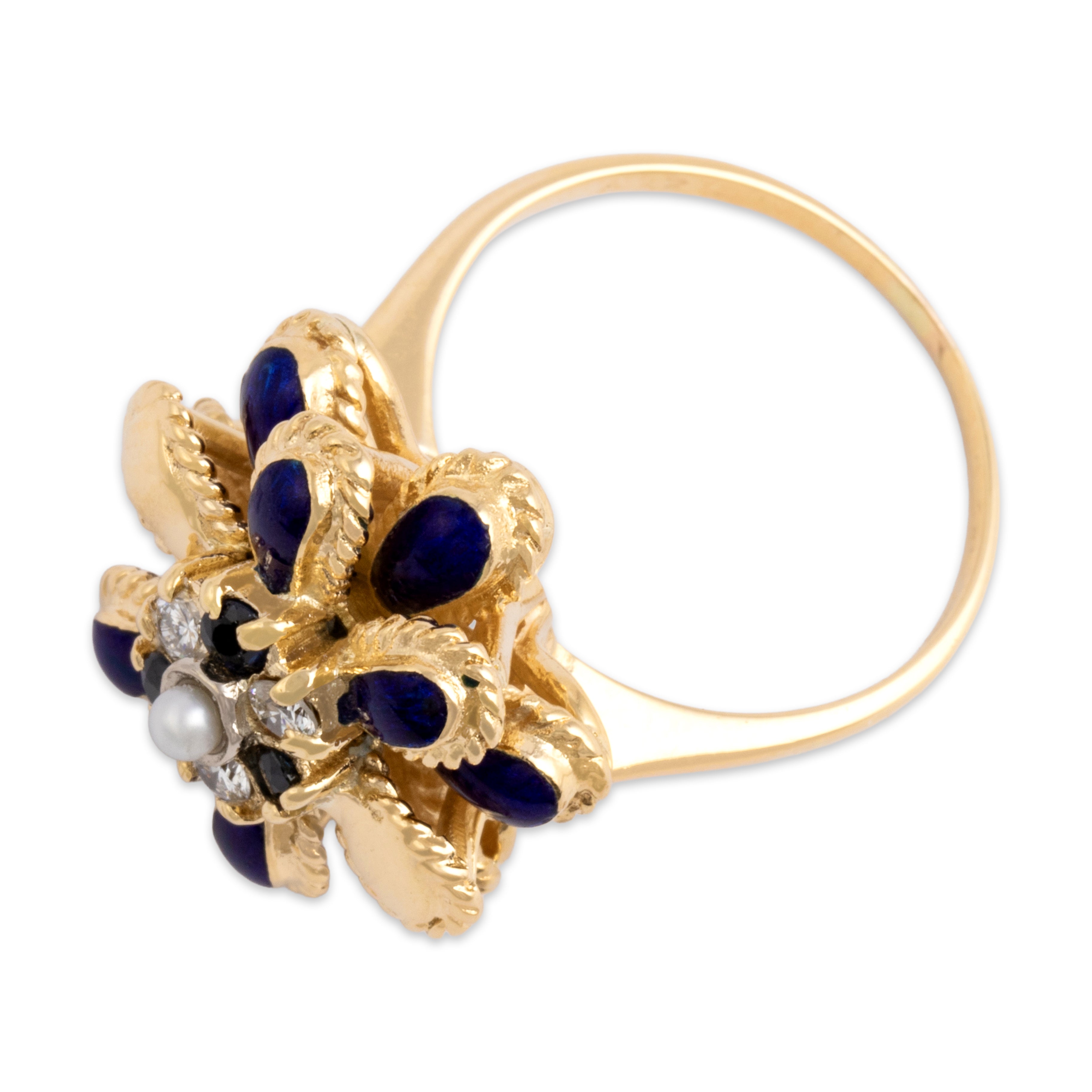 Vintage 18k Yellow Gold Blue Sapphire Diamond Pearl Enamel Flower Ring - Overall view