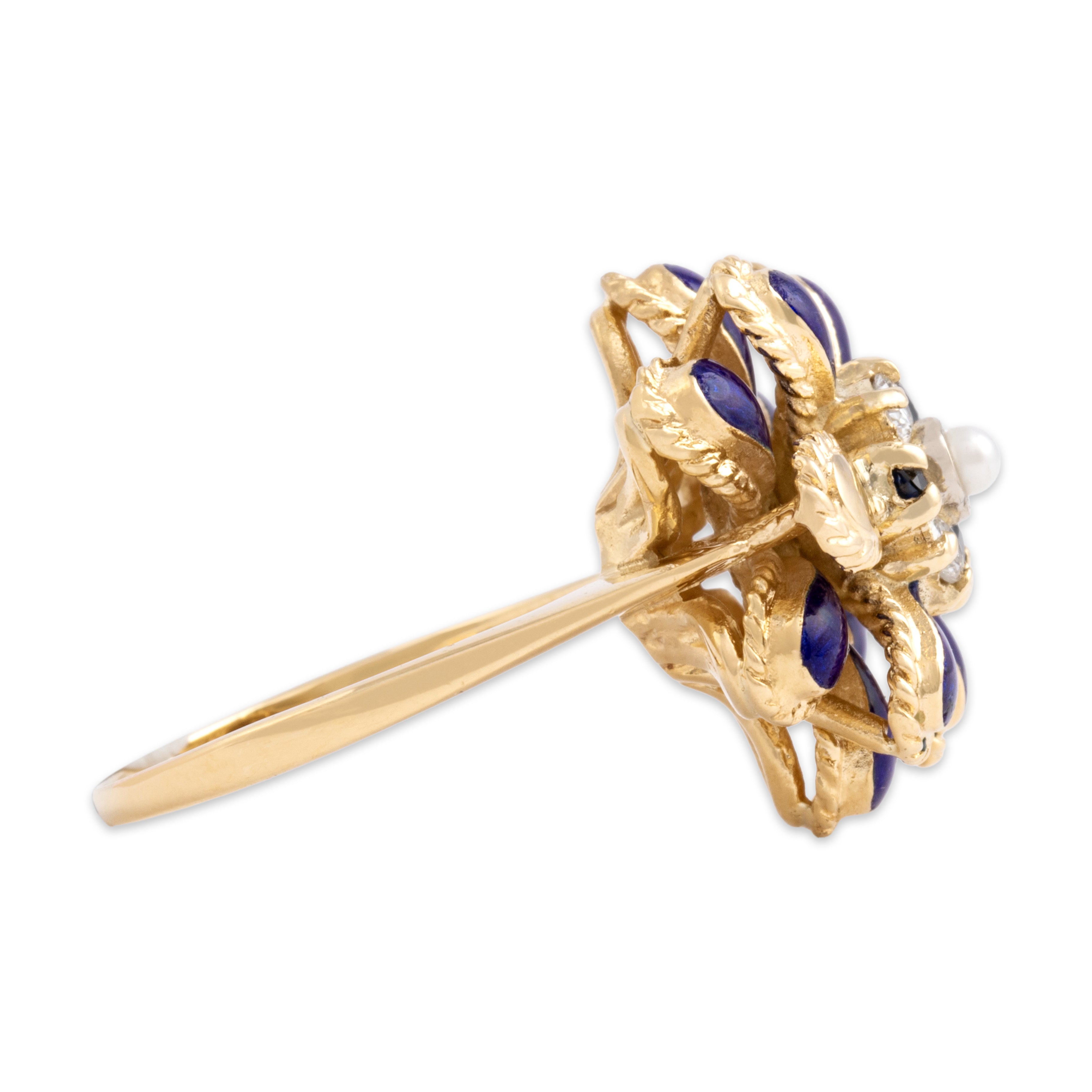 Vintage 18k Yellow Gold Blue Sapphire Diamond Pearl Enamel Flower Ring - Side view