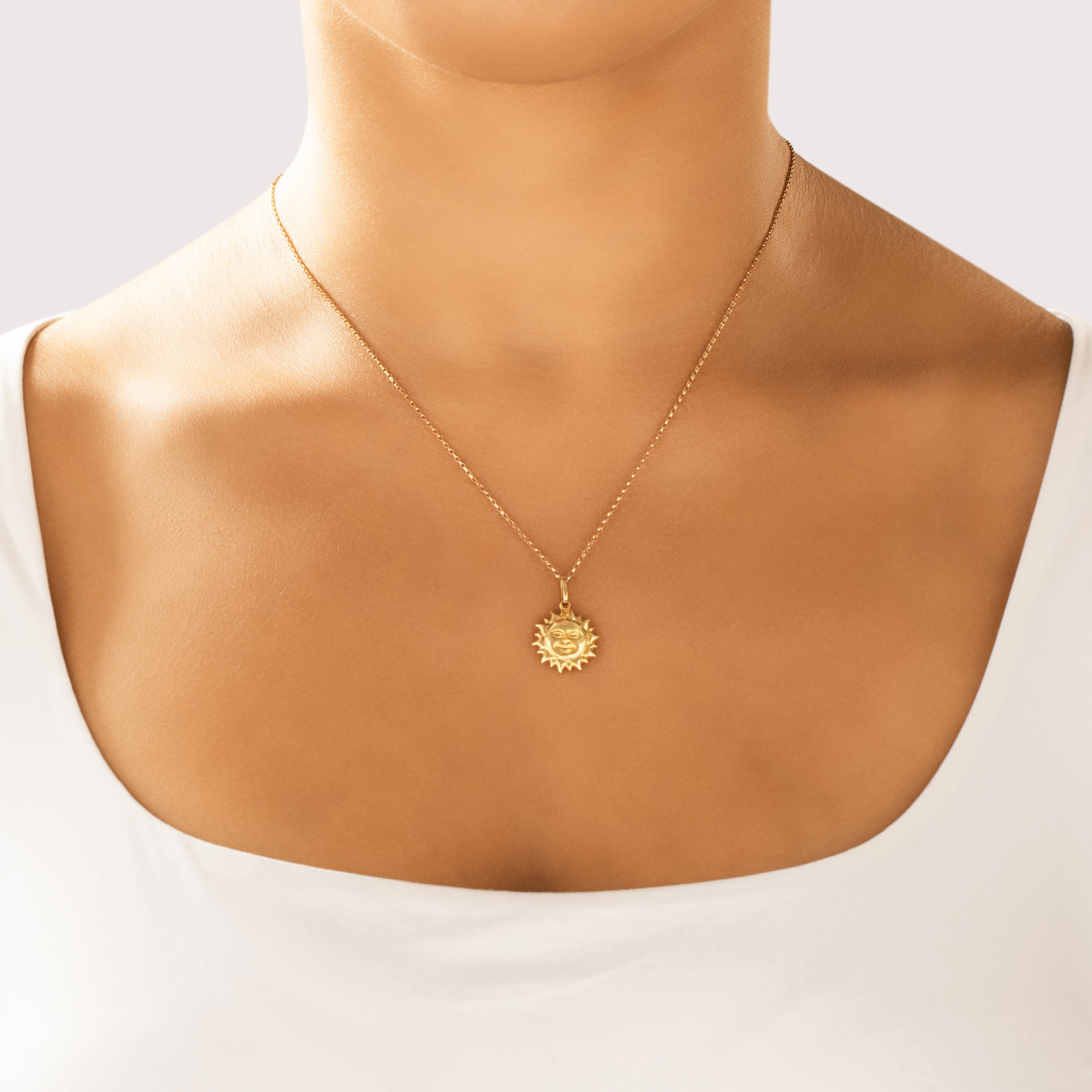 Vintage Italian 18k Yellow Gold Shiny Smiling Sun Charm / Pendant - On model view