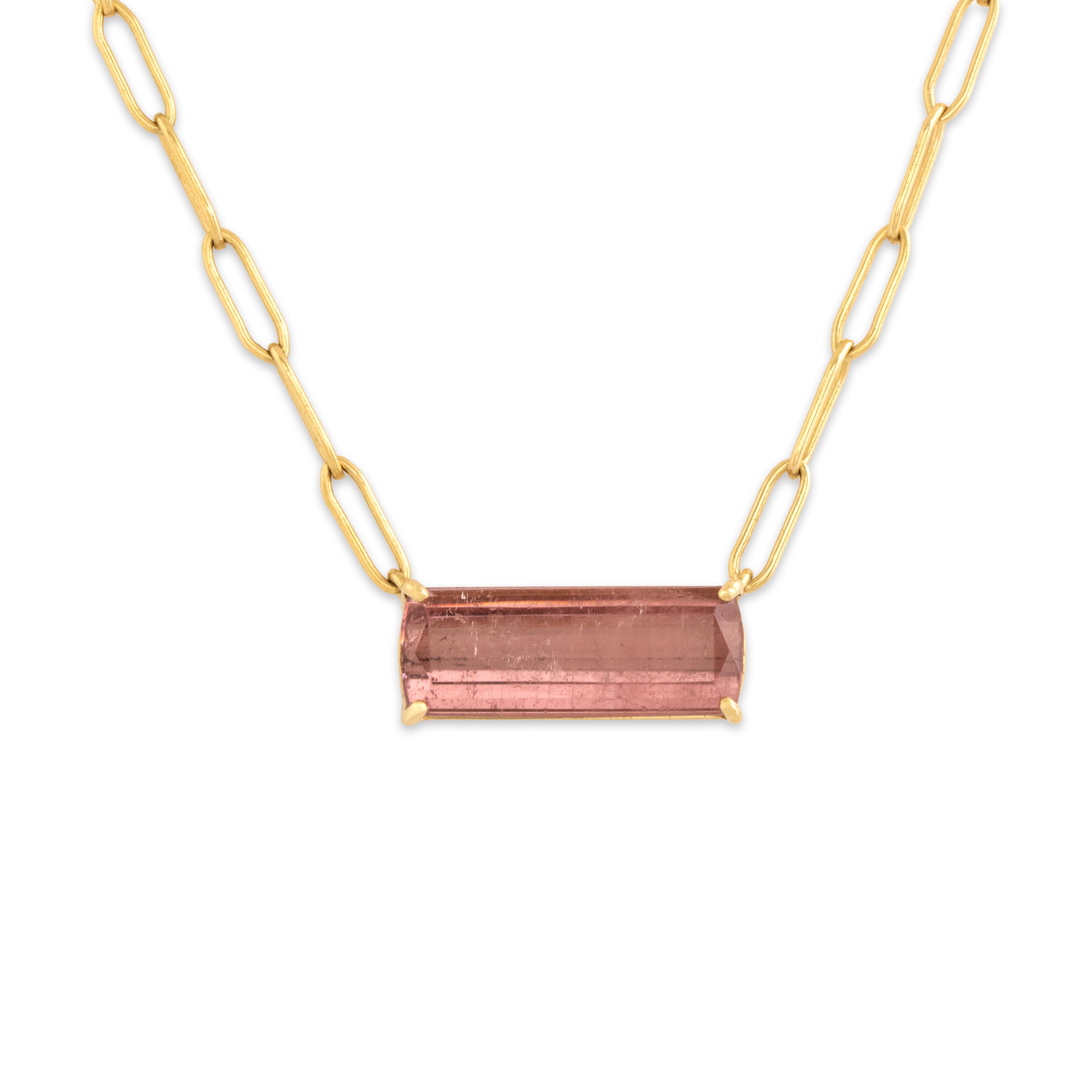 Estate 18k Yellow Gold 5.01ct Rose Tourmaline Chic Paperclip Link Bar Necklace - detail view #1