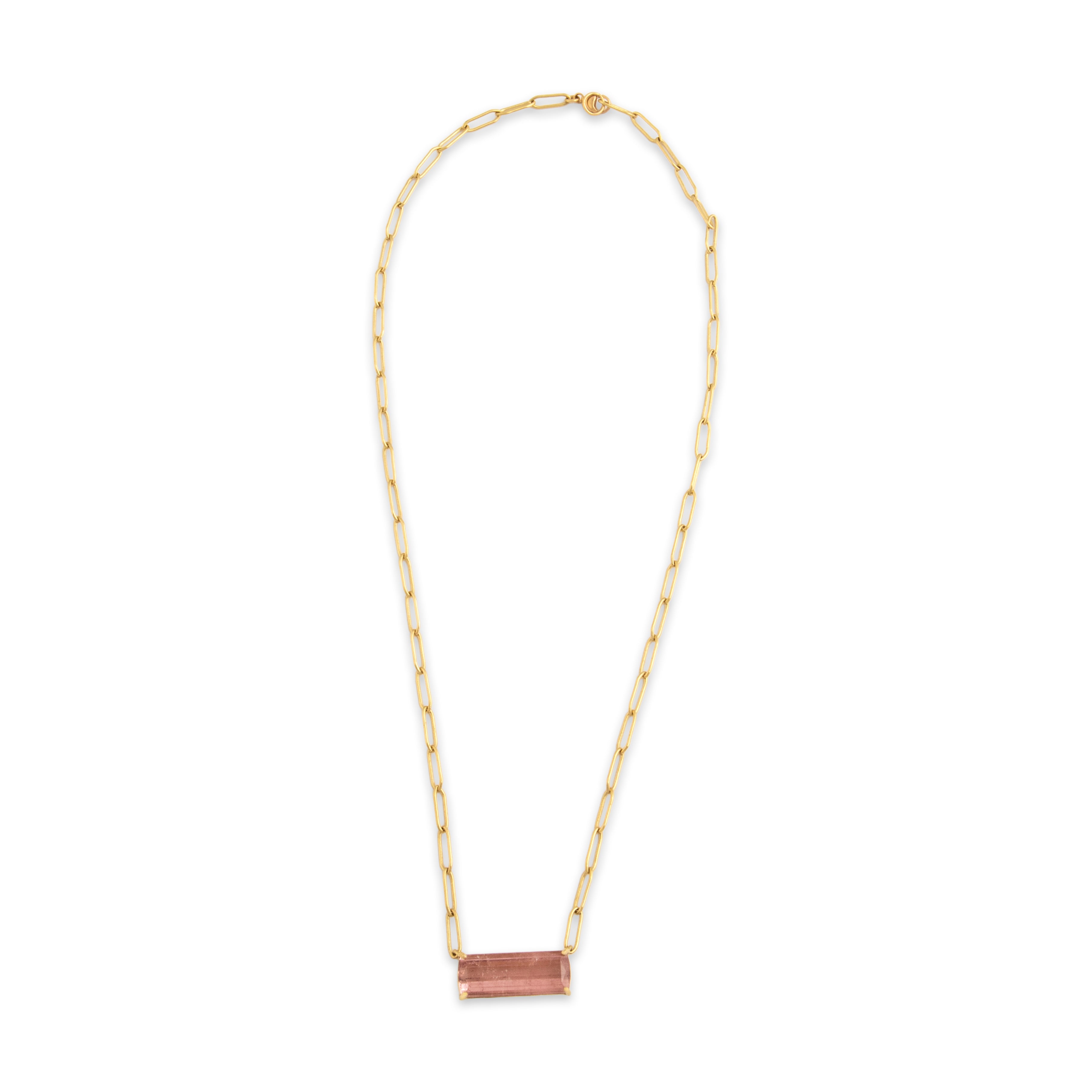 Estate 18k Yellow Gold 5.01ct Rose Tourmaline Paperclip Link Bar Necklace 16
