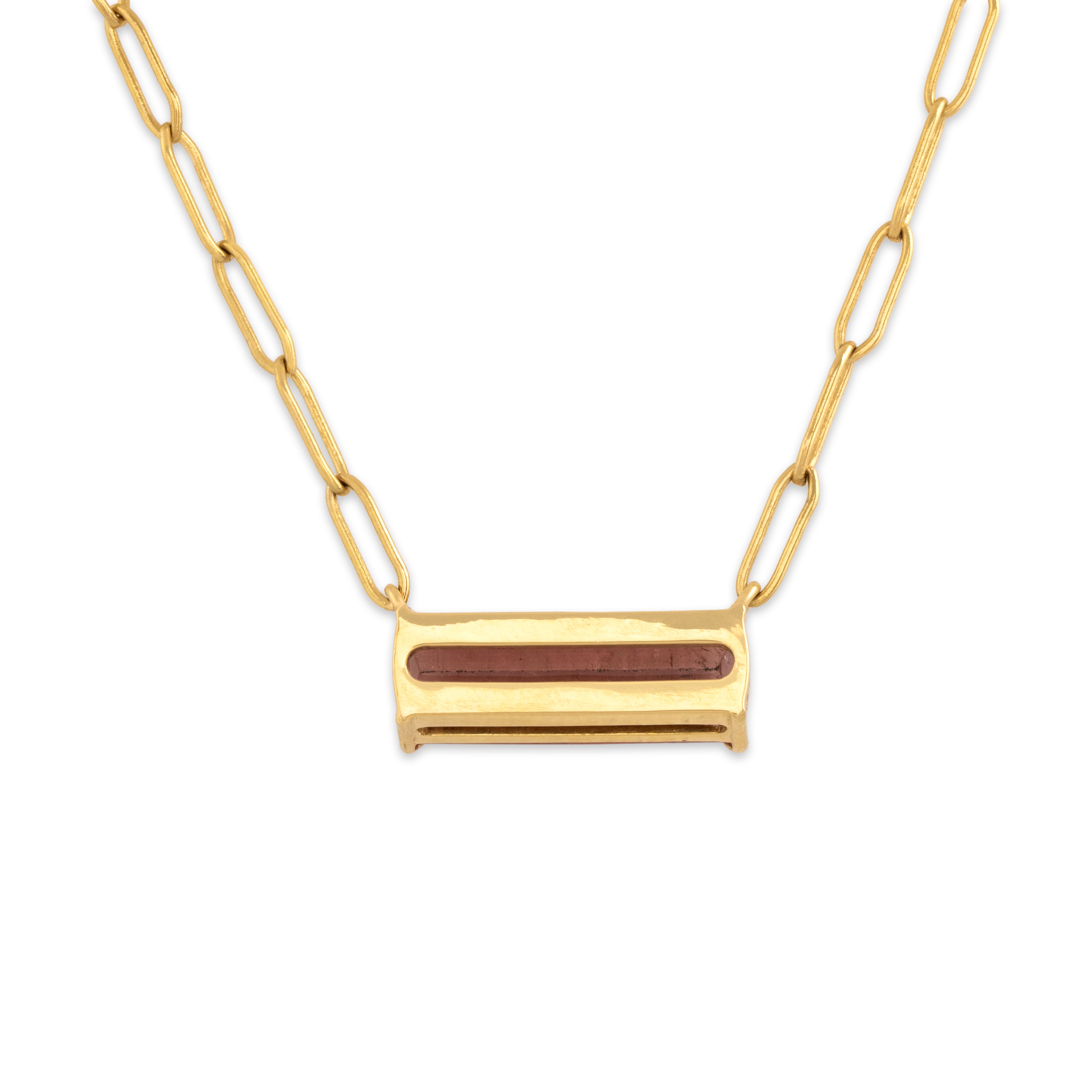 Estate 18k Yellow Gold 5.01ct Rose Tourmaline Chic Paperclip Link Bar Necklace - Back view