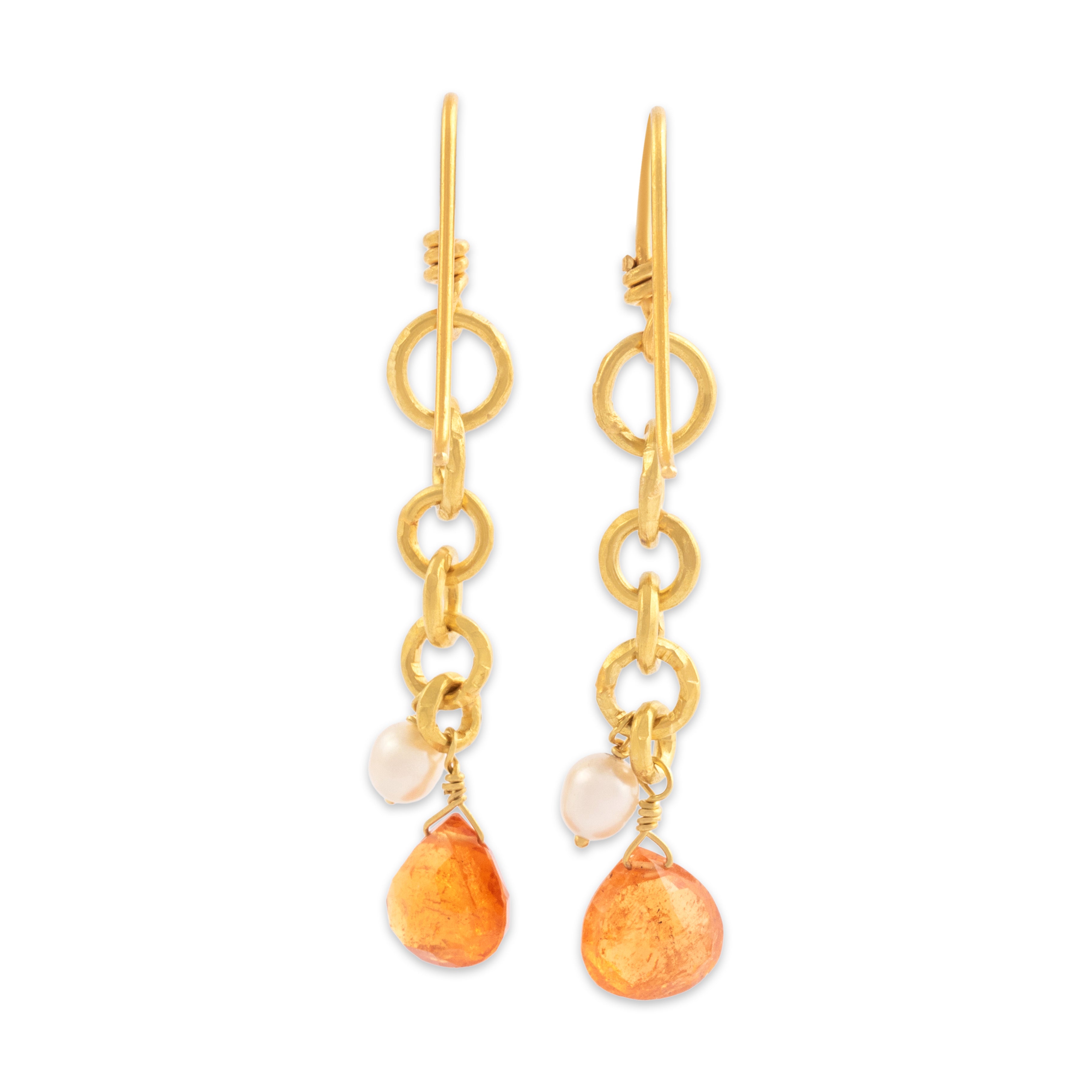 Vintage 18k Yellow Gold 3.67cttw Spessartite Garnet Pearl Dangle Earrings