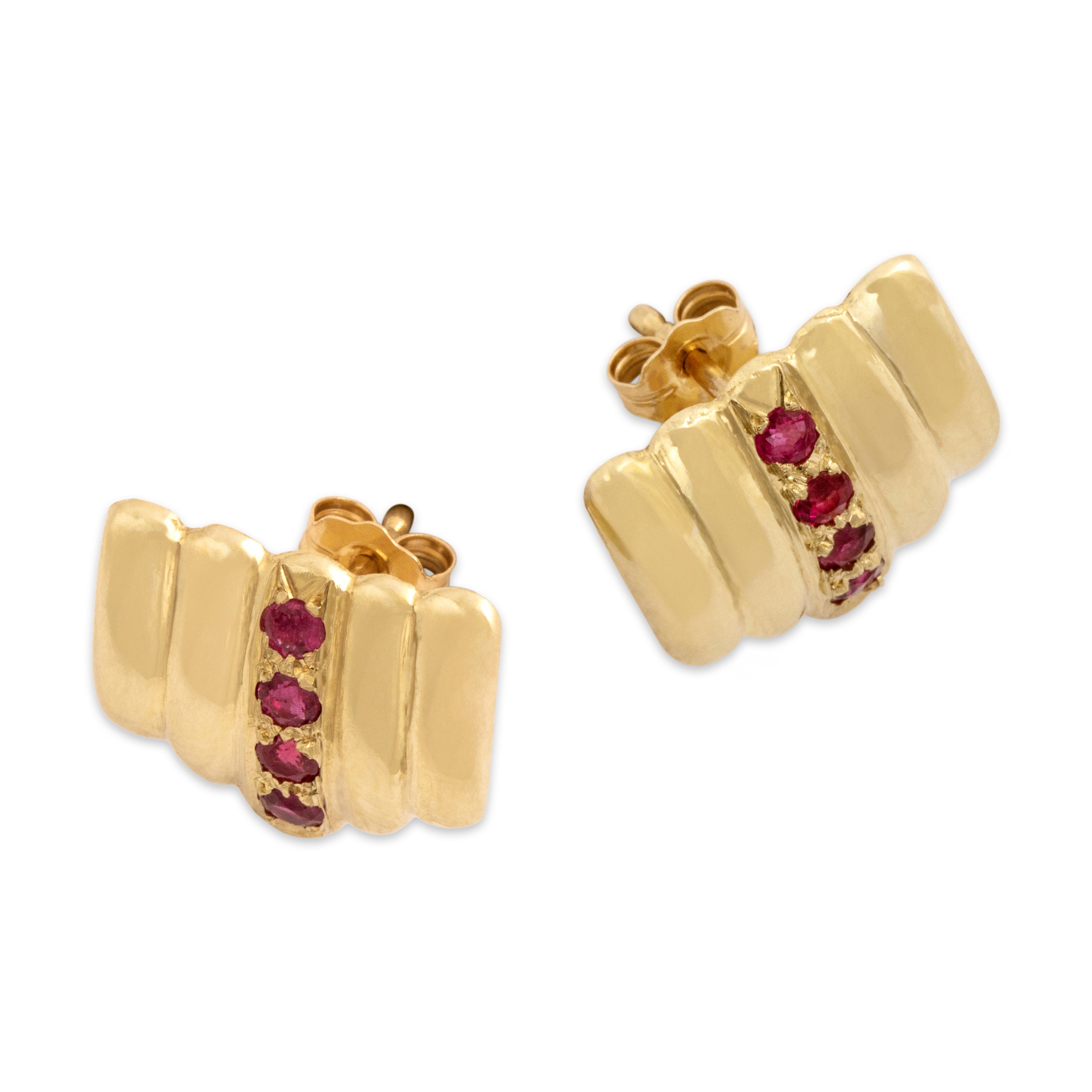 Vintage 14k Yellow Gold Ruby Chic Ribbed Line Stud Earrings - Overall view