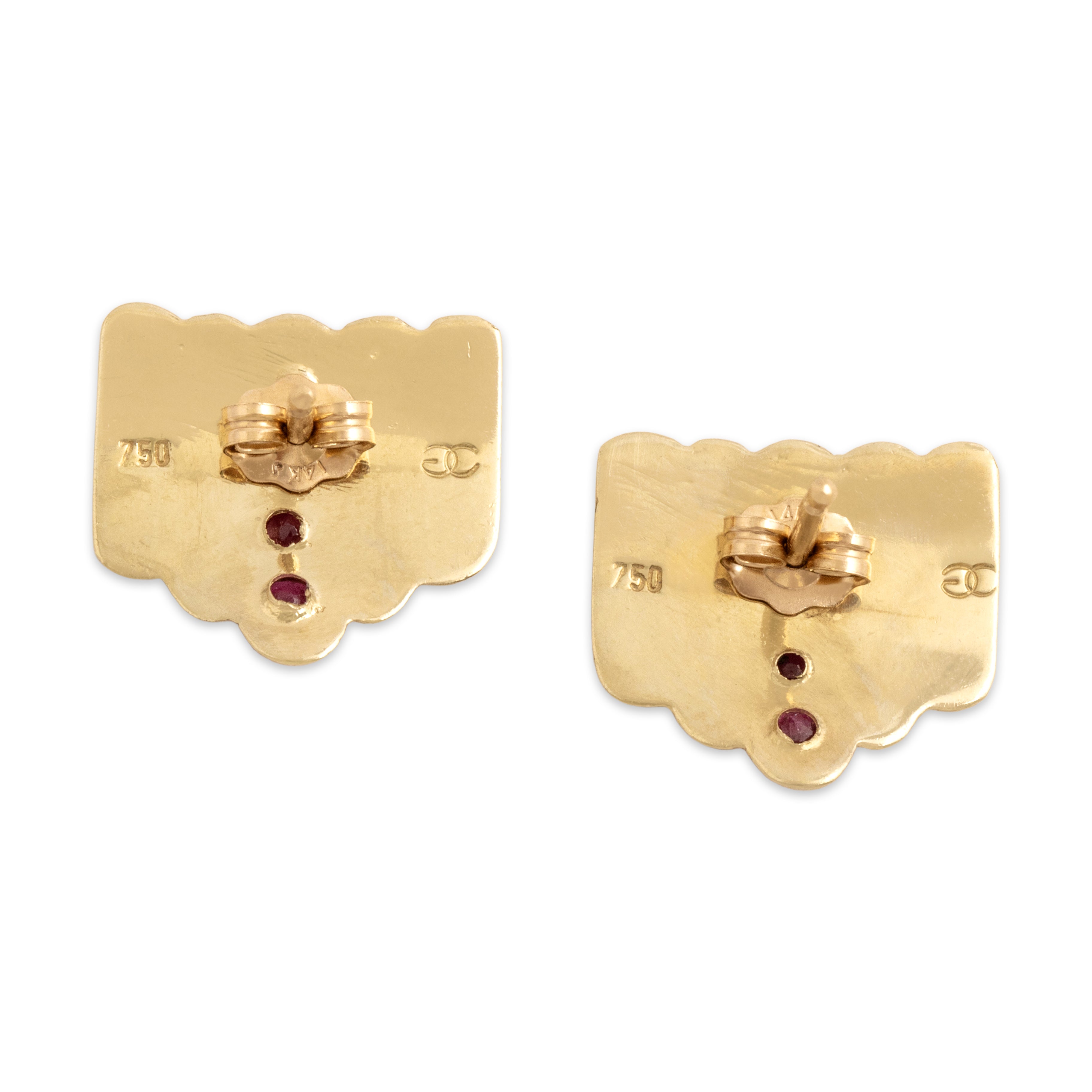 Vintage 14k Yellow Gold Ruby Chic Ribbed Line Stud Earrings - Back view