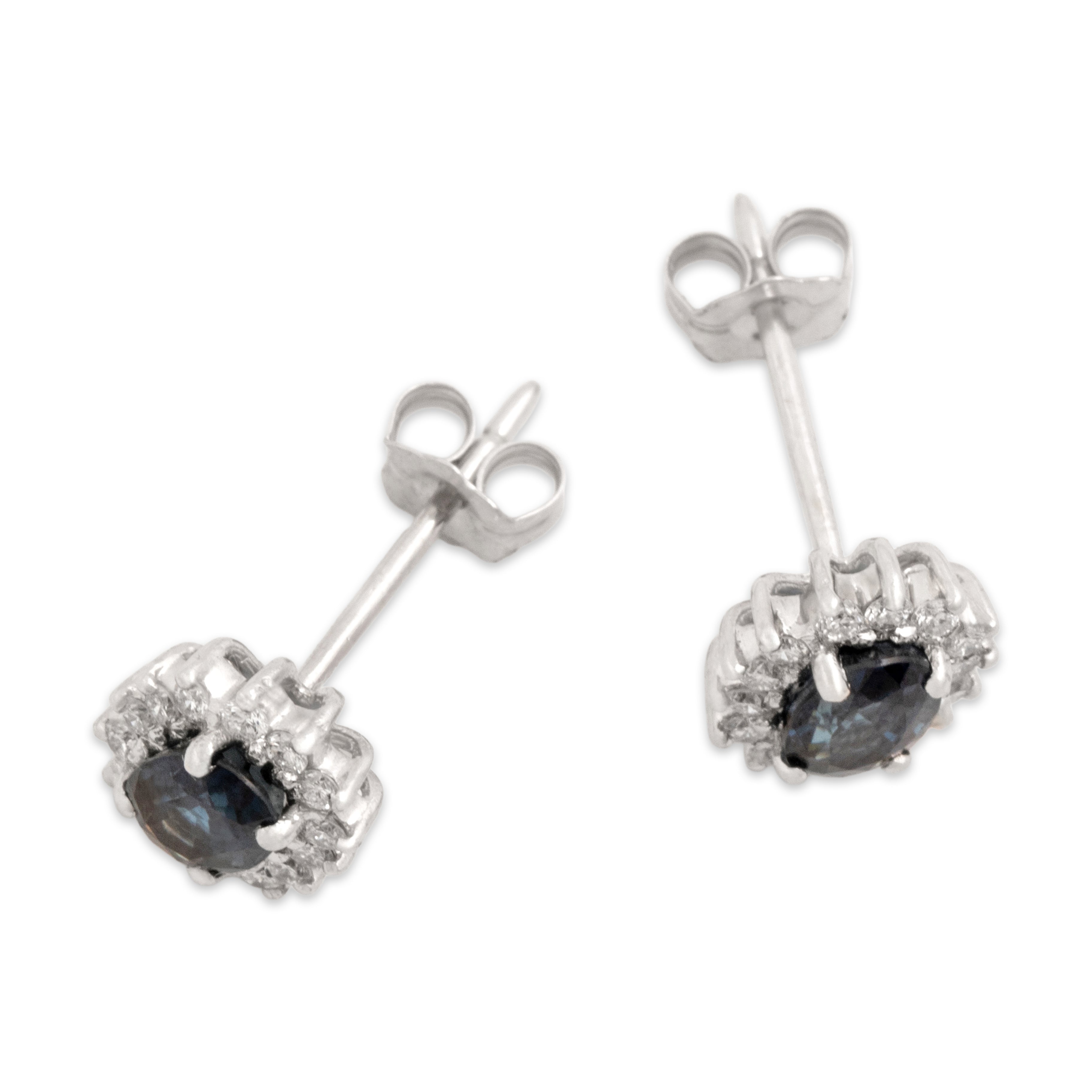 Vintage 18k White Gold 1.18cttw Blue Sapphire Diamond Elegant Oval Halo Stud Earrings - Overall view