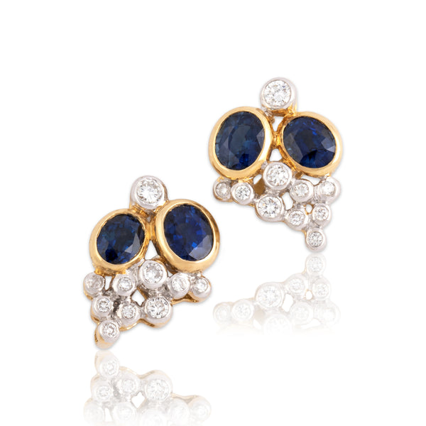 Vintage 18k Yellow & White Gold 1.91cttw Blue Sapphire Diamond Dazzling Cascading Cluster Stud Earrings - Close-up view