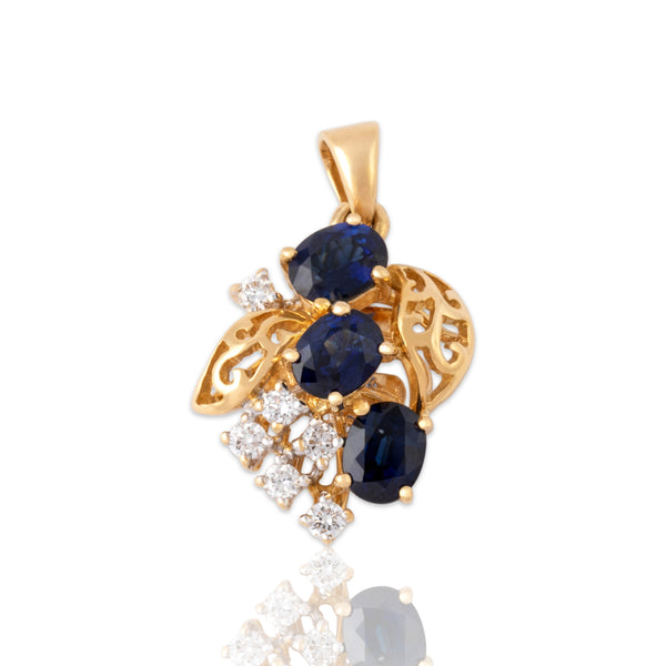 Vintage 18k Yellow Gold 1.41cttw Blue Sapphire Diamond Flourishing Pendant