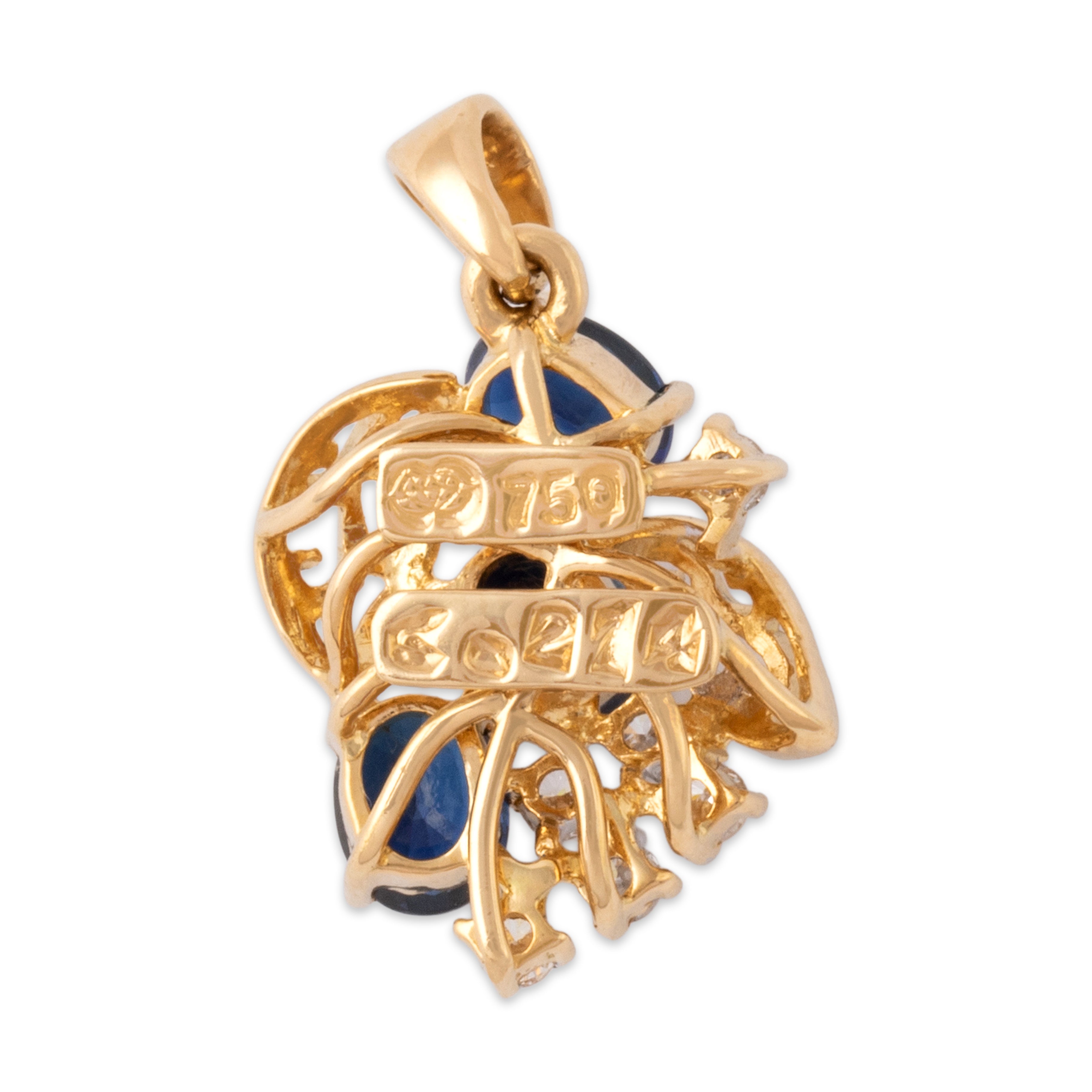 Vintage 18k Yellow Gold 1.41cttw Blue Sapphire Diamond Brilliant Flourishing Cluster Pendant - Back view
