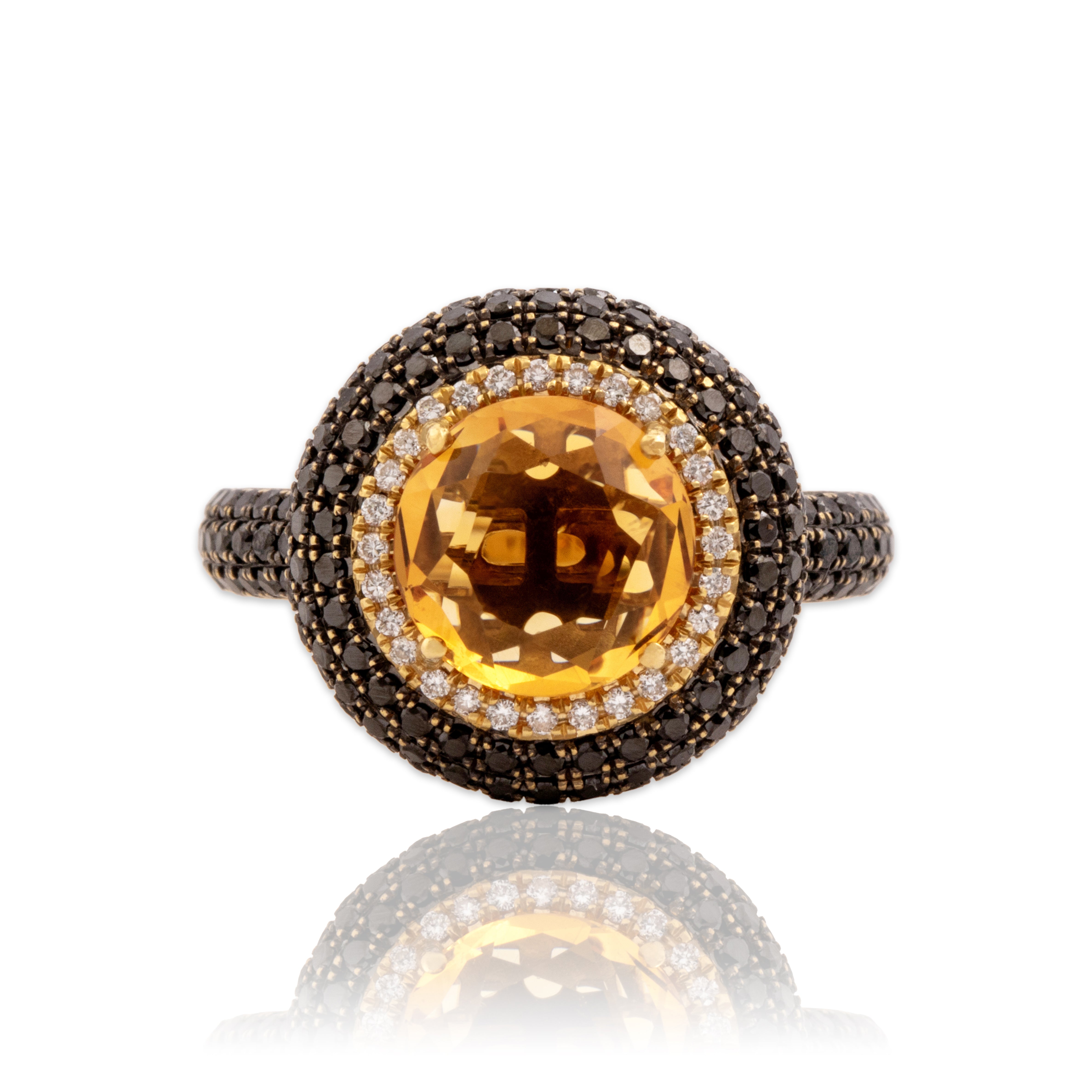 Vintage 18k Yellow Gold 1.72ct Citrine .8cttw Black & White Diamond Ring 7.00