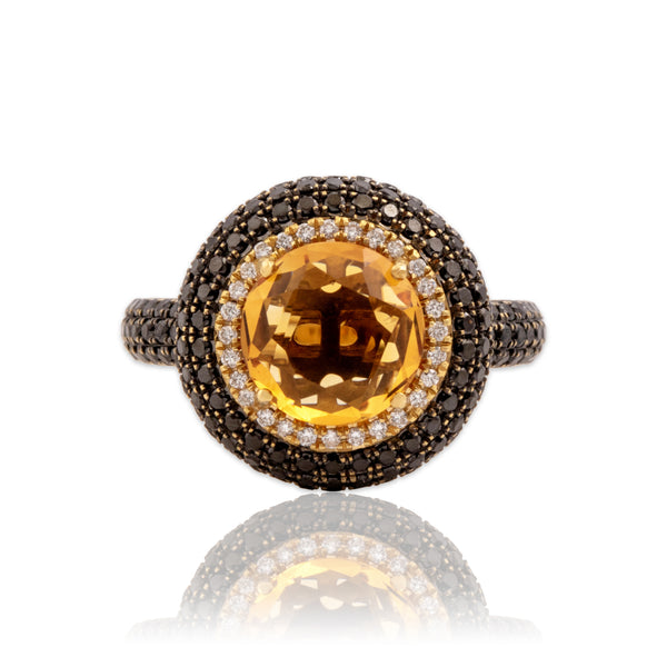 Vintage 18k Yellow Gold 1.72ct Citrine .8cttw Black & White Diamond Ring 7.00