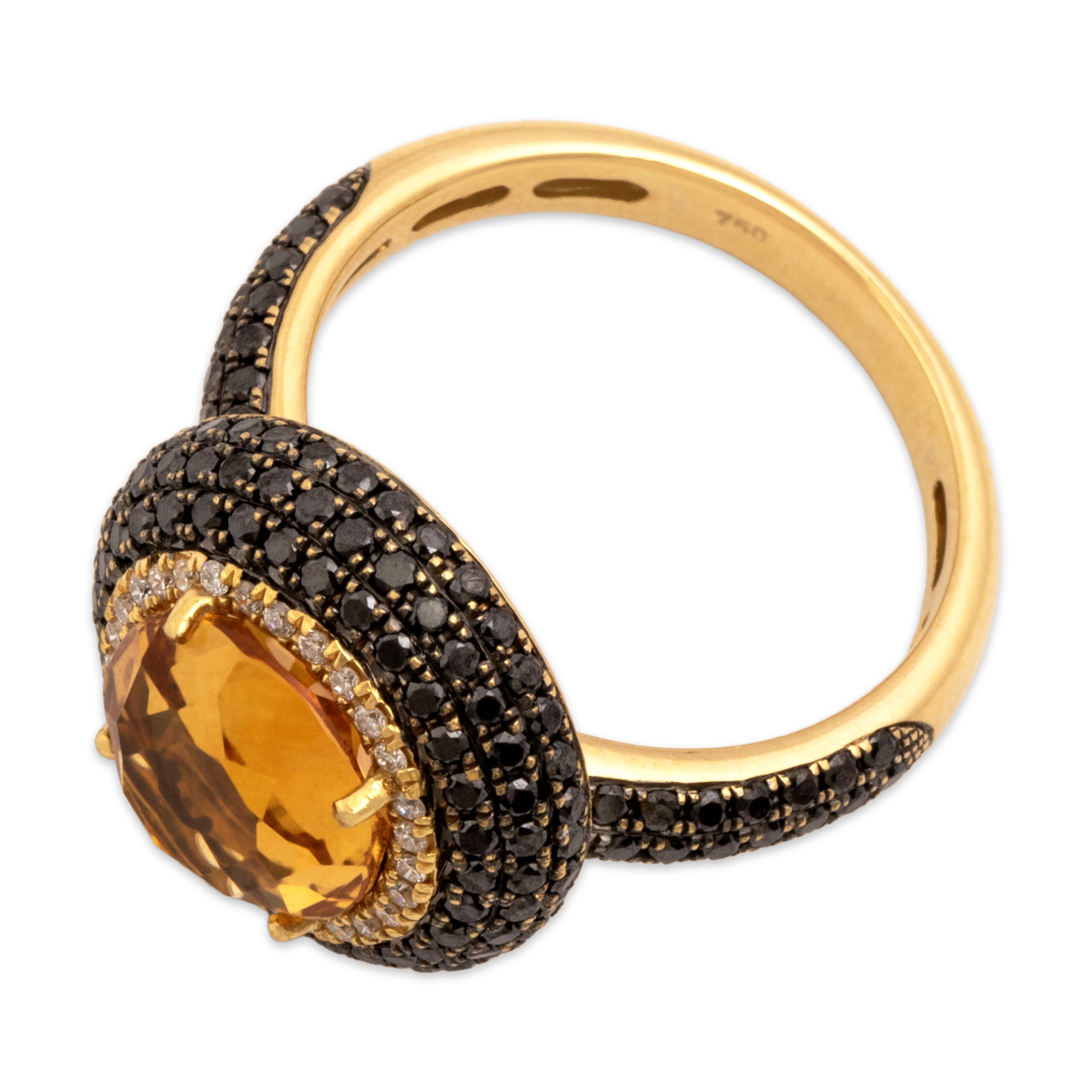 Vintage 18k Yellow Gold 1.72ct Citrine .72cttw Black Diamond White Diamond Vibrant Round Pavã© Halo Ring - Overall view