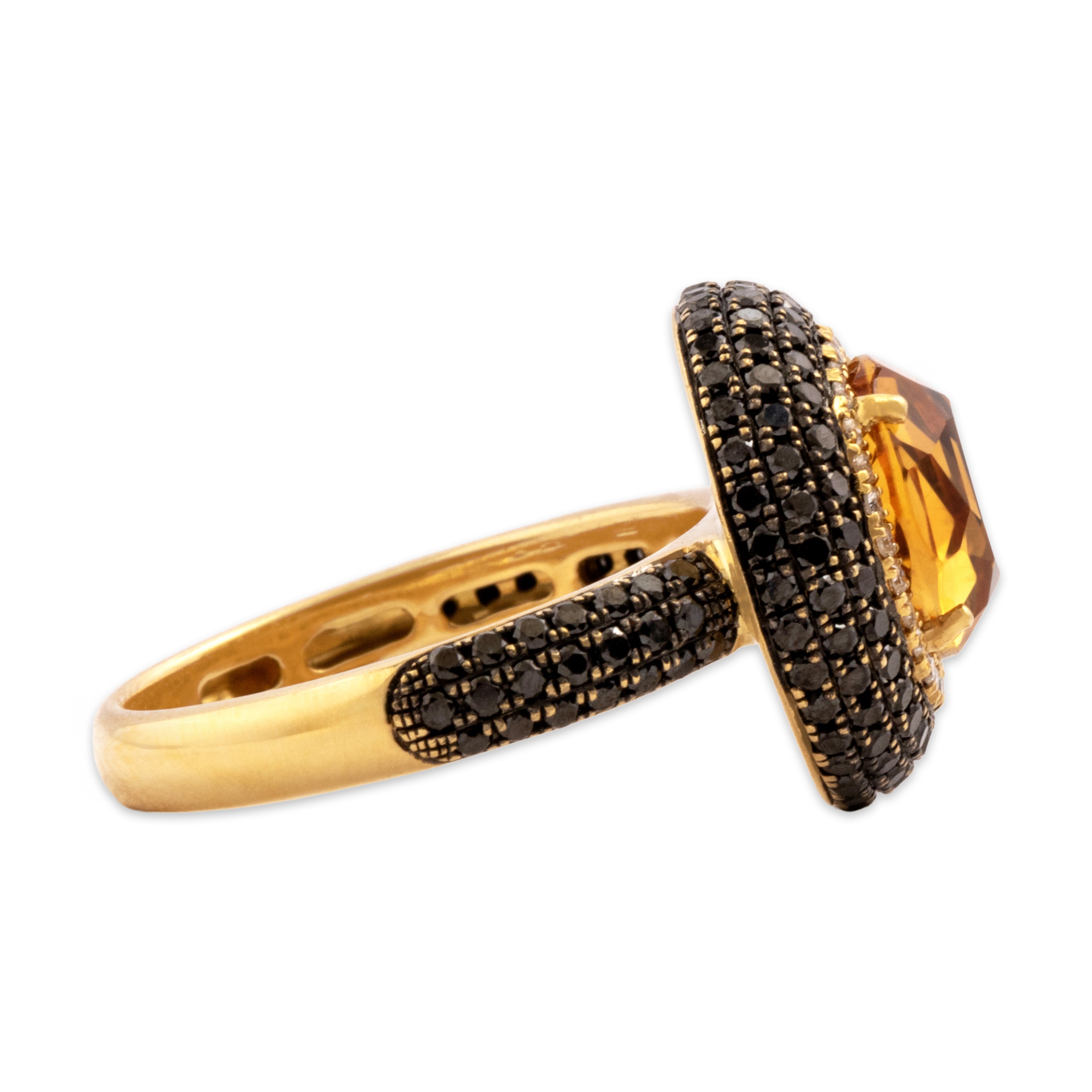 Vintage 18k Yellow Gold 1.72ct Citrine .72cttw Black Diamond White Diamond Vibrant Round Pavã© Halo Ring - Side view