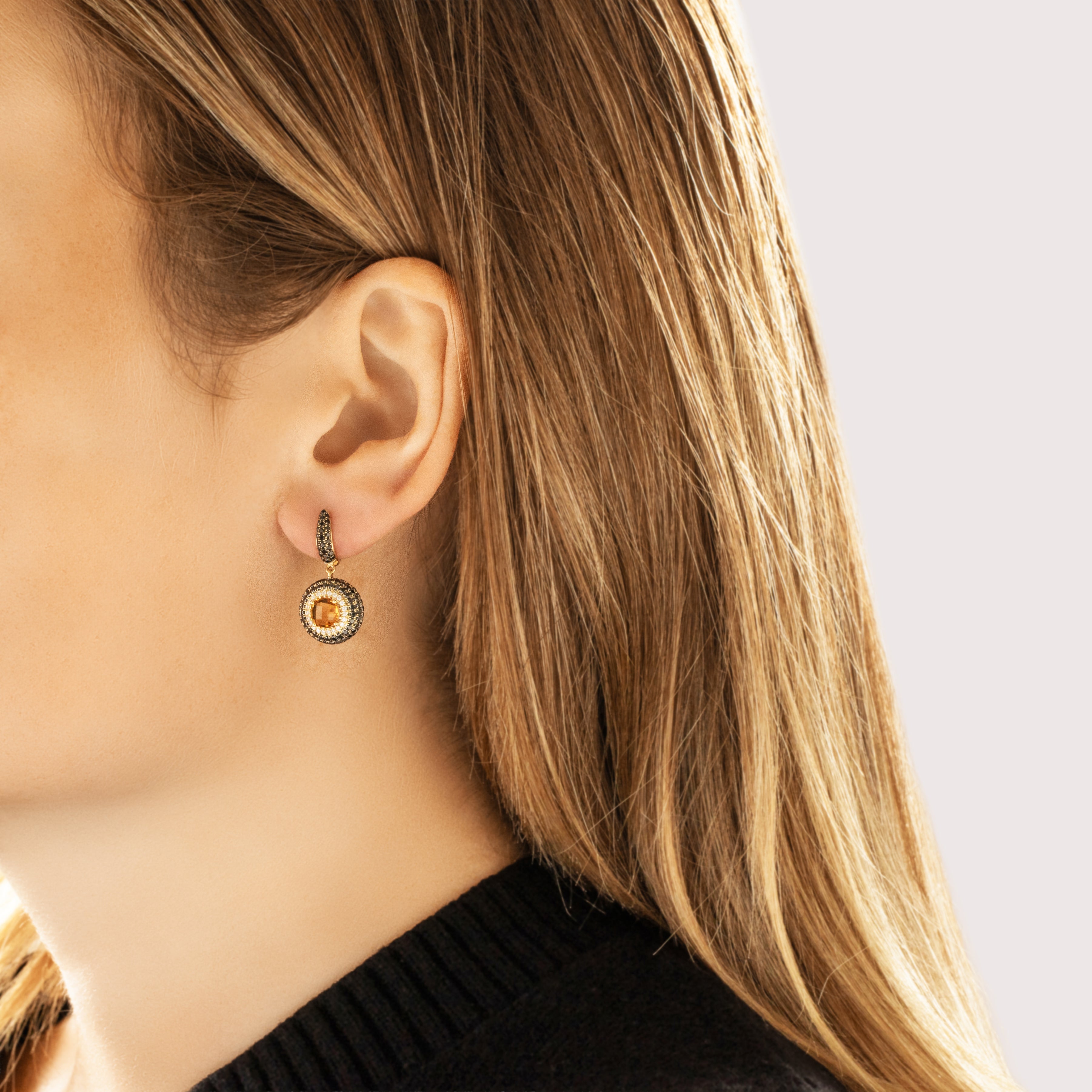 Vintage 18k Yellow Gold 1.15cttw Citrine 1.06cttw Black Diamond White Diamond Standout Checkerboard Dazzle Dangle Earrings - On model view