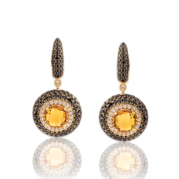 Vintage 18k Yellow Gold 1.15cttw Citrine 1.18cttw Black & White Diamond Earrings