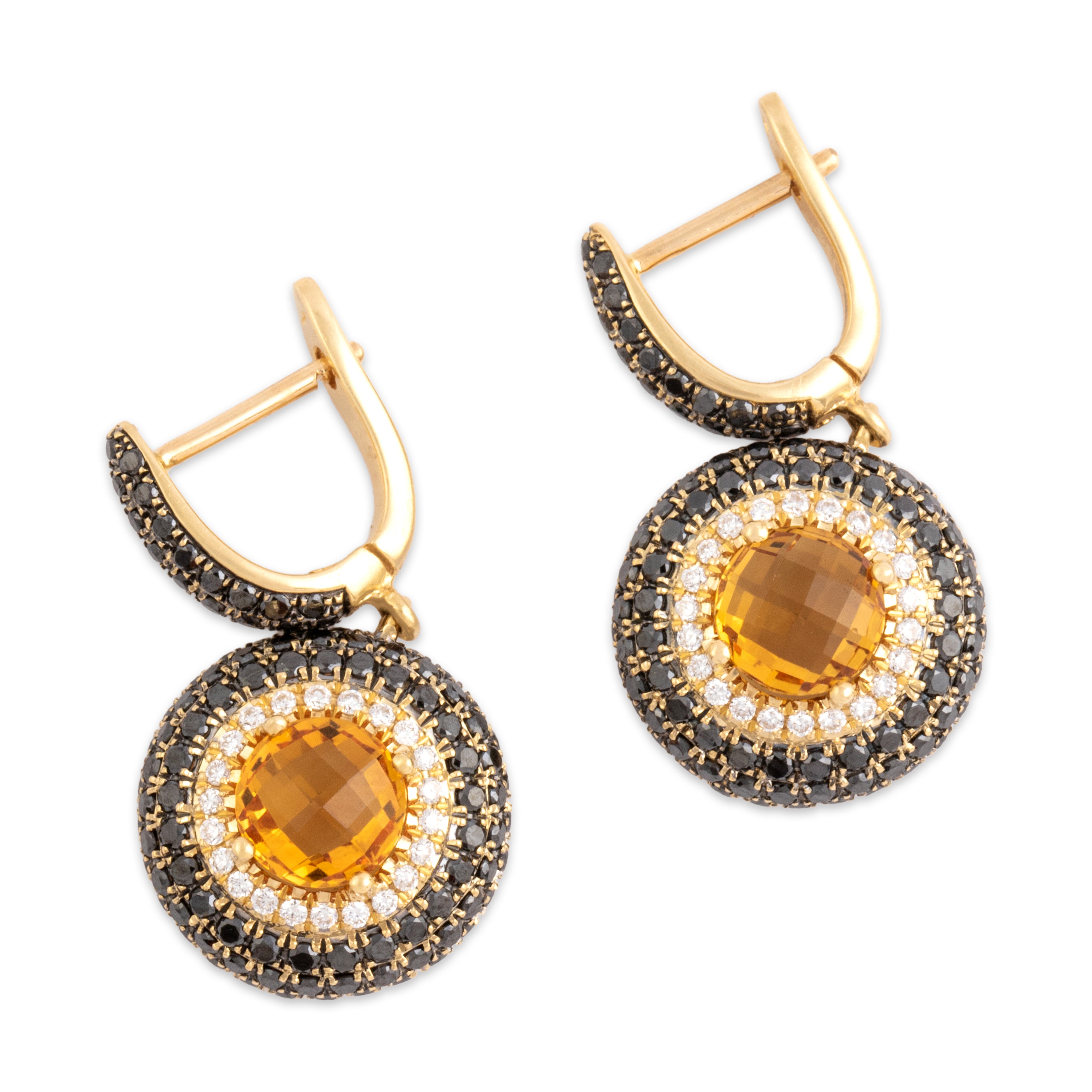 Vintage 18k Yellow Gold 1.15cttw Citrine 1.06cttw Black Diamond White Diamond Standout Checkerboard Dazzle Dangle Earrings - Overall view