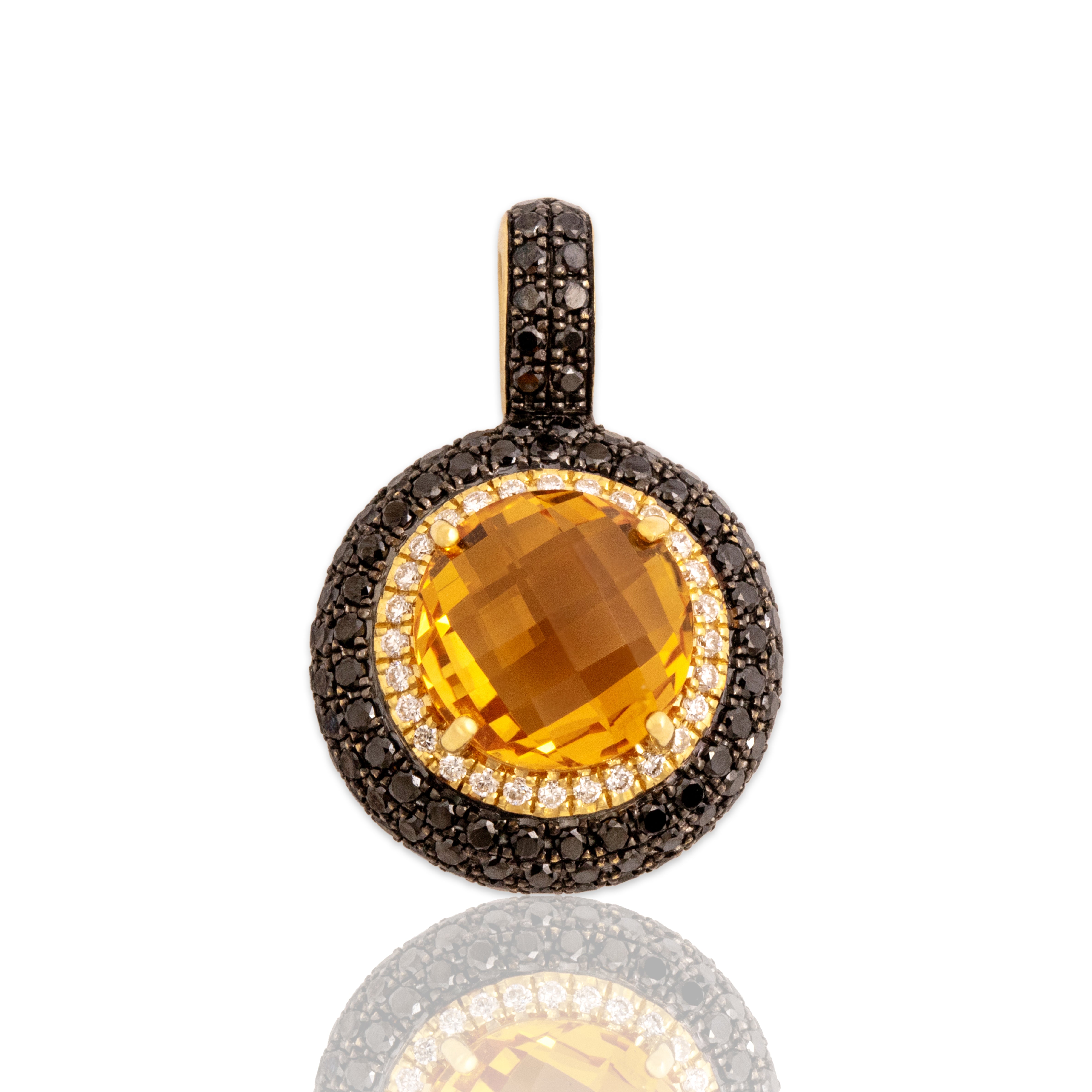Vintage 18k Yellow Gold 1.94ct Citrine .53cttw Black Diamond White Diamond Dazzling Checkerboard Drop Pendant - Close-up view