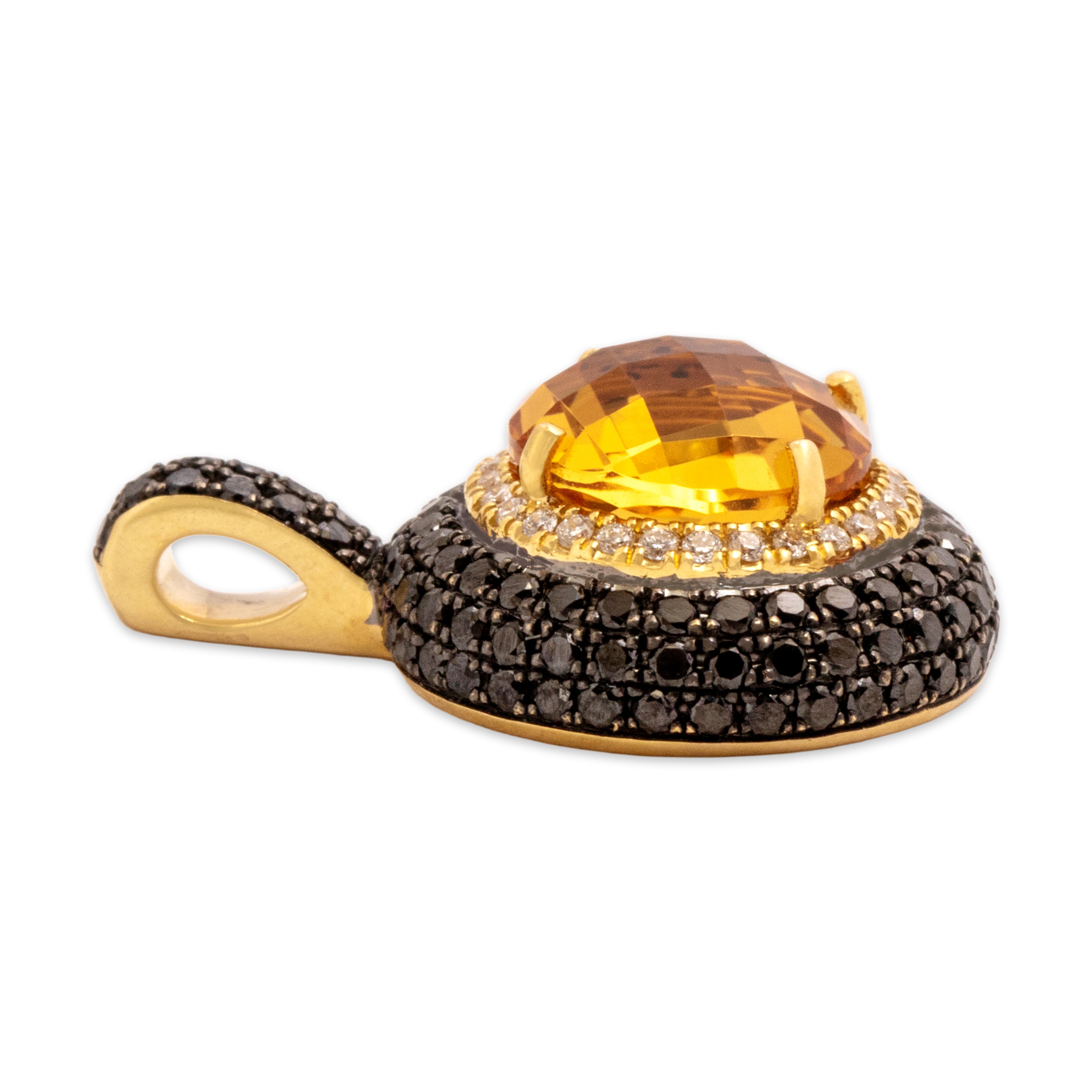 Vintage 18k Yellow Gold 1.94ct Citrine .53cttw Black Diamond White Diamond Dazzling Checkerboard Drop Pendant -  Side view