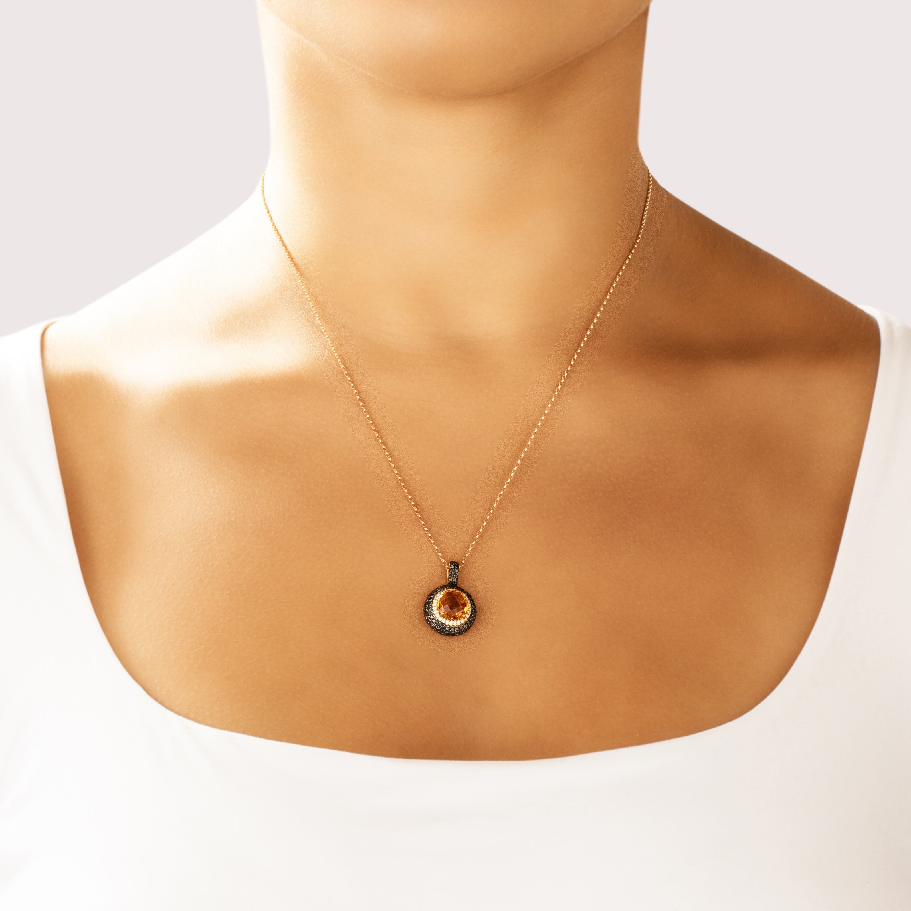 Vintage 18k Yellow Gold 1.94ct Citrine .53cttw Black Diamond White Diamond Dazzling Checkerboard Drop Pendant - On model view