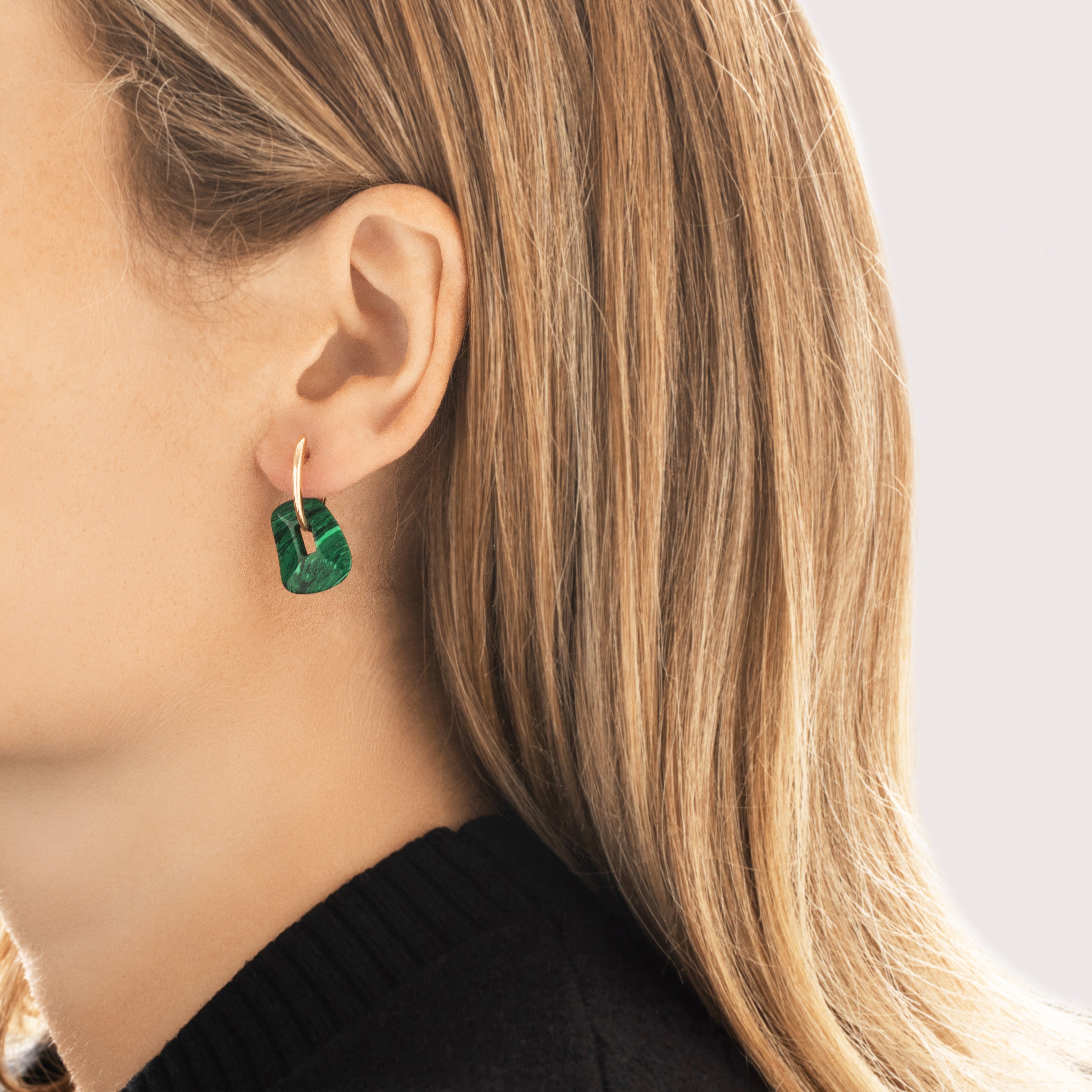 Estate Italian 18k Rose Gold Blue White Mother Of Pearl Malachite Playful Interchangeable Dangle Hoop Earrings - On model view