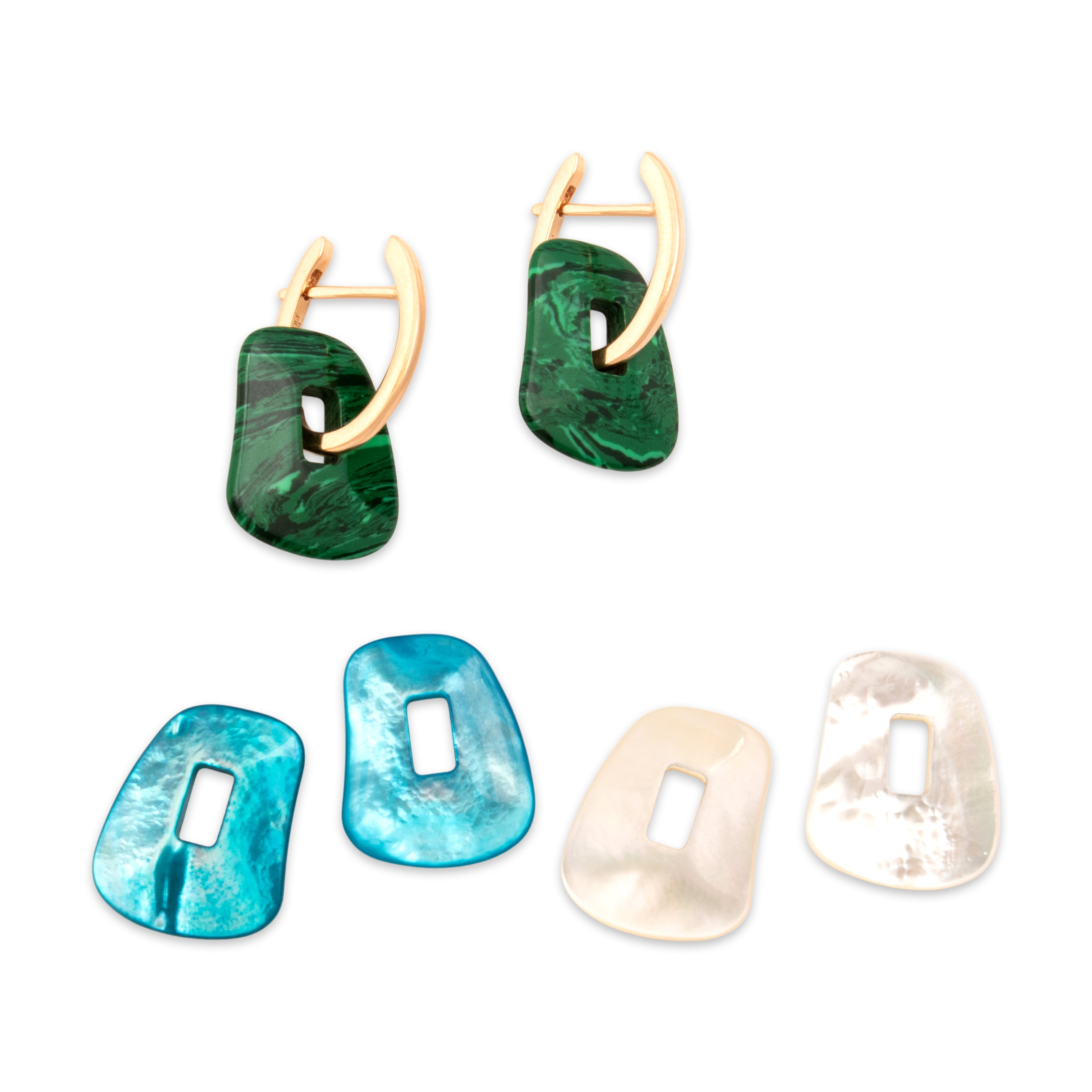 Estate Italian 18k Rose Gold Blue White Mother Of Pearl Malachite Playful Interchangeable Dangle Hoop Earrings - Overall view