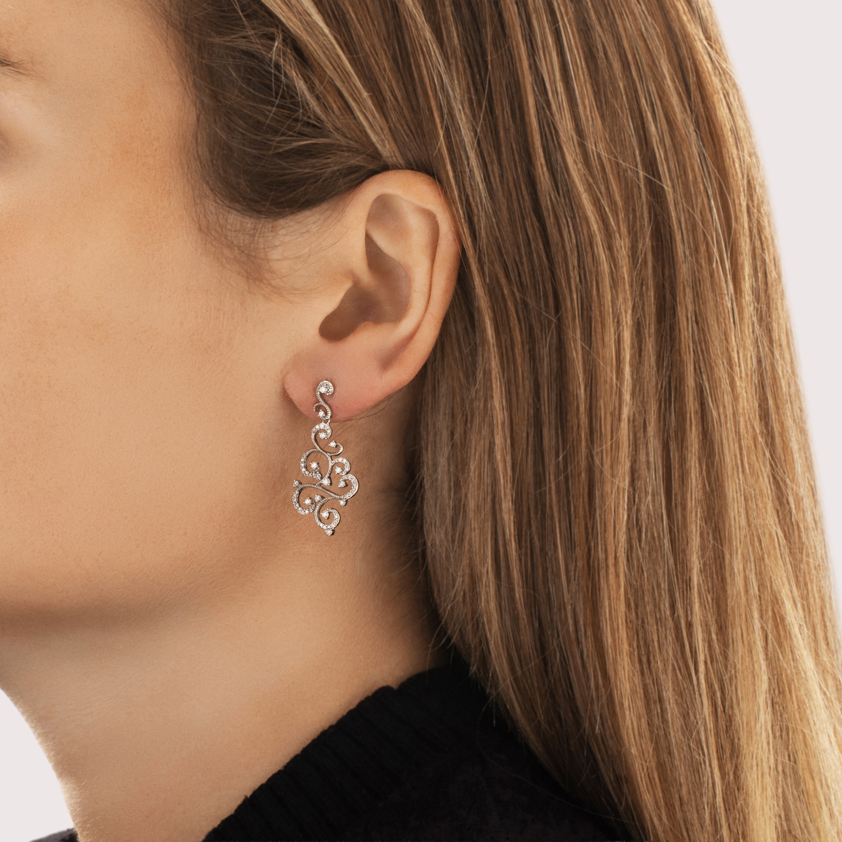 Vintage 14k White Gold .52cttw Diamond Incredible Flowing Scroll Dangle Earrings - On model view