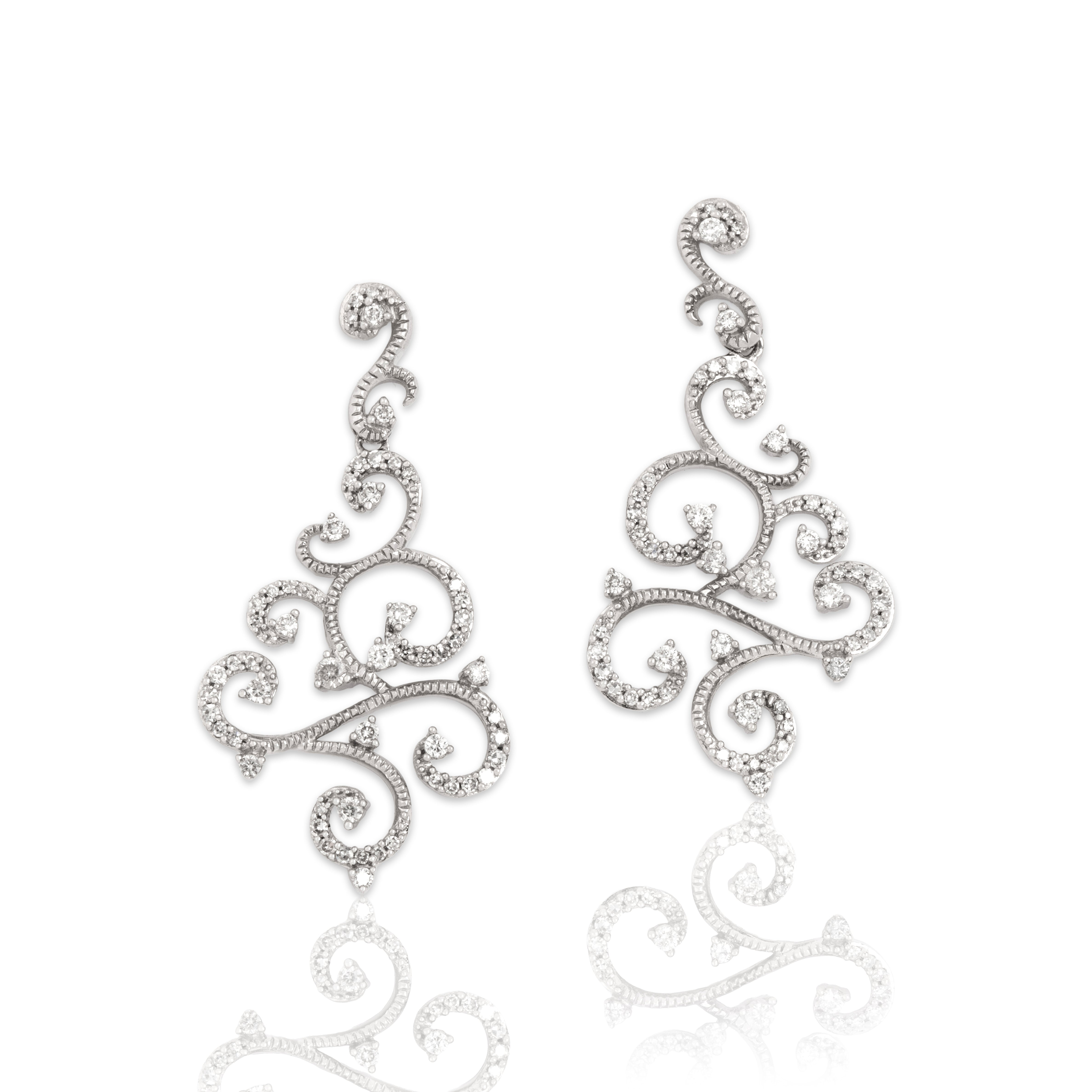 Vintage 14k White Gold .52cttw Diamond Incredible Flowing Scroll Dangle Earrings - Close-up view