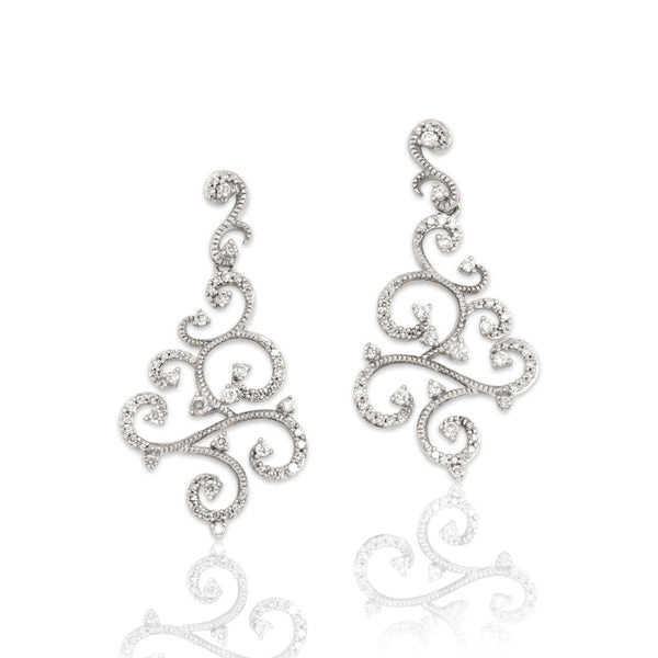 Vintage 14k White Gold .52cttw Diamond Incredible Flowing Scroll Dangle Earrings