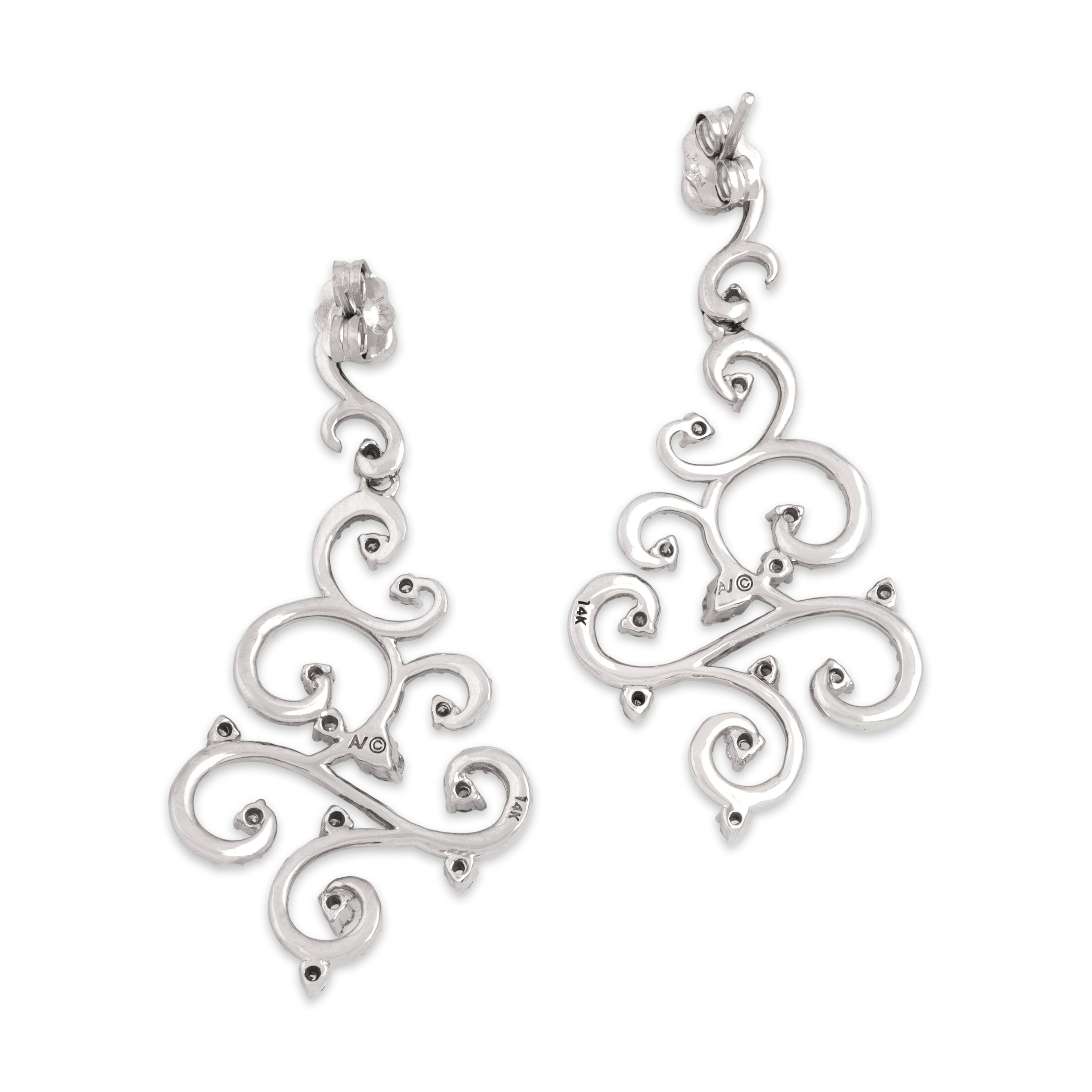 Vintage 14k White Gold .52cttw Diamond Incredible Flowing Scroll Dangle Earrings - Back view