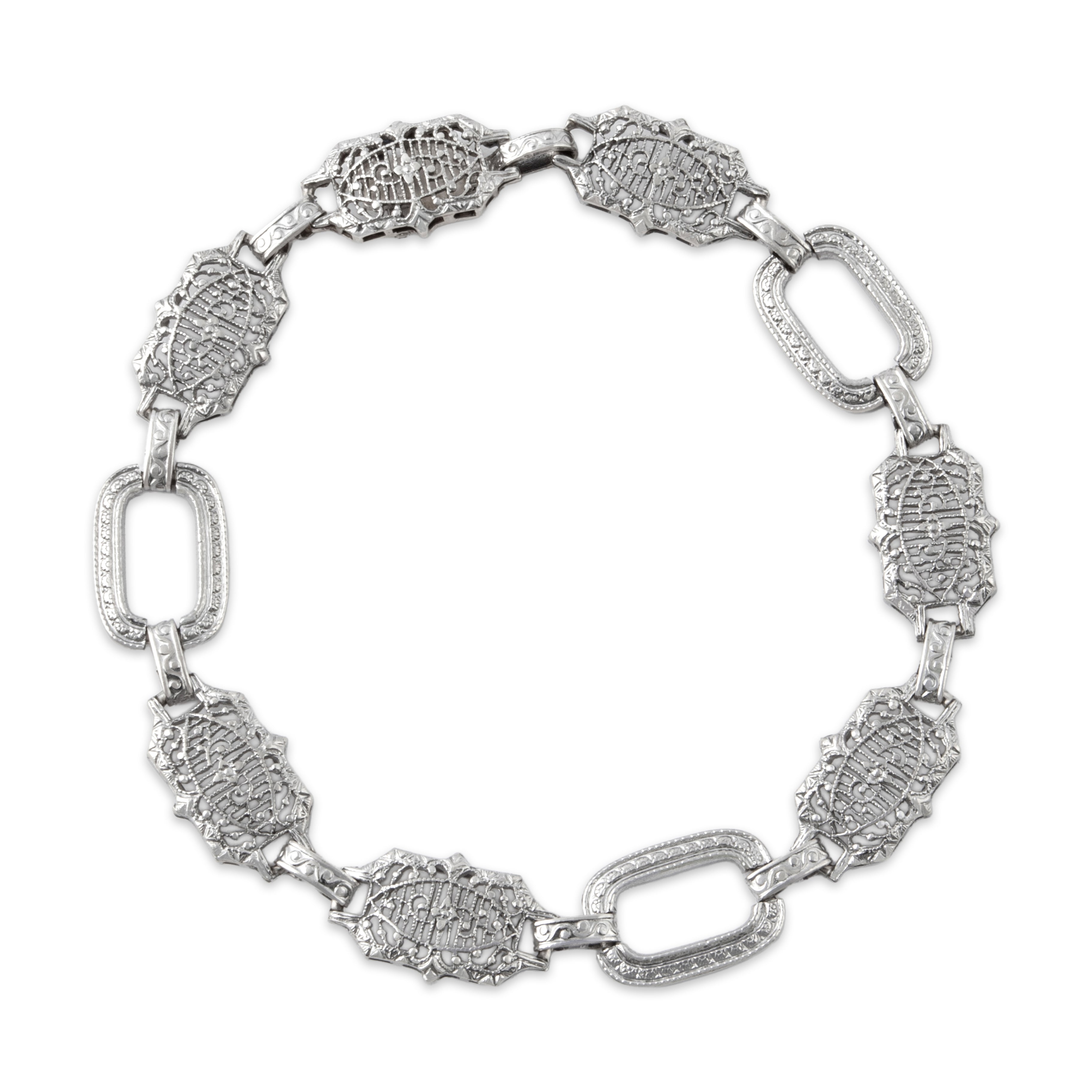Antique Art Deco 14k White Gold Openwork Link Bracelet - Close-up view