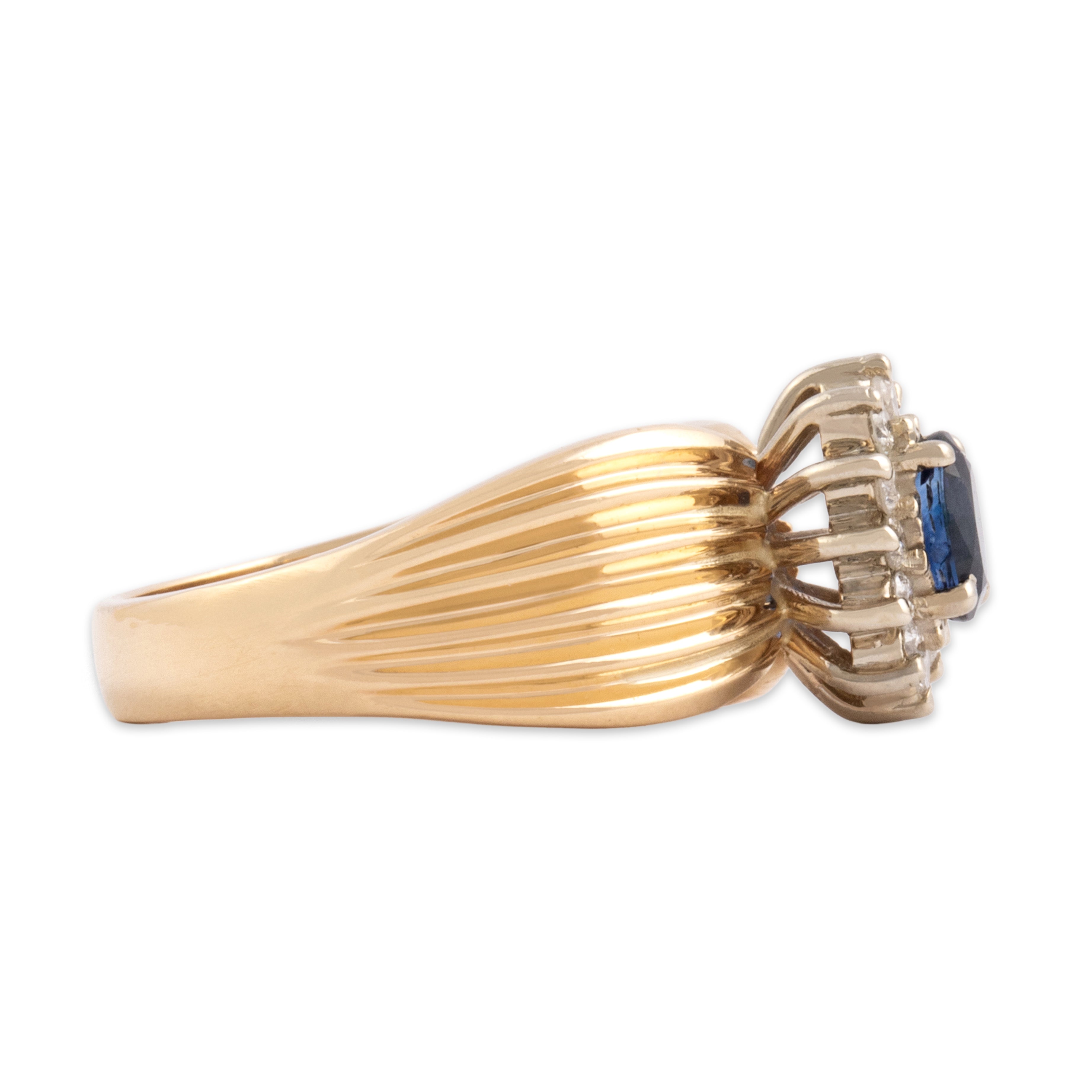 Vintage 14k Yellow Gold Blue Sapphire Diamond Dazzling Ribbed Oval Halo Ring - Side view