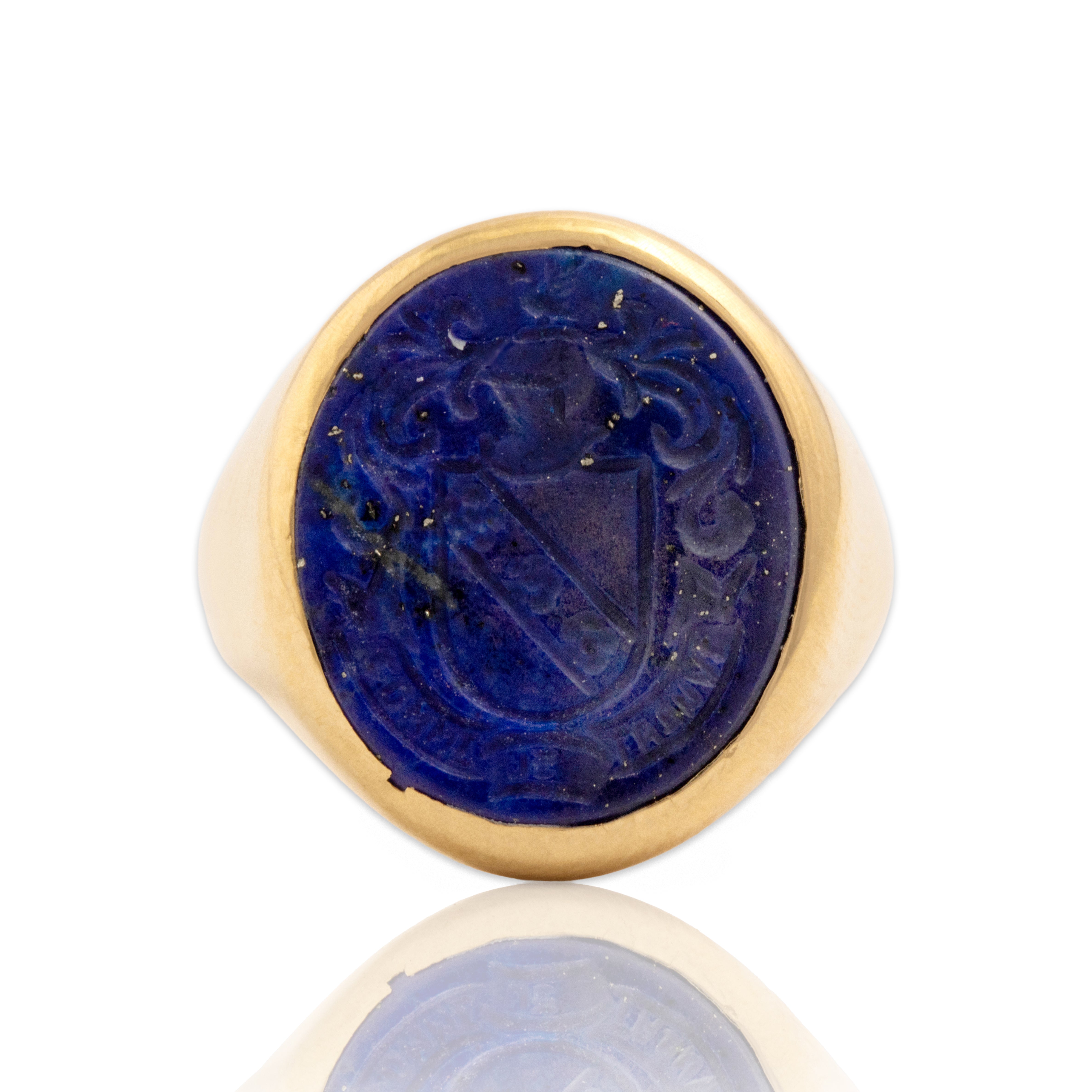Vintage 14k Yellow Gold Lapis Lazuli Incredible Carved Coat Of Arms Signet Ring - Close-up view