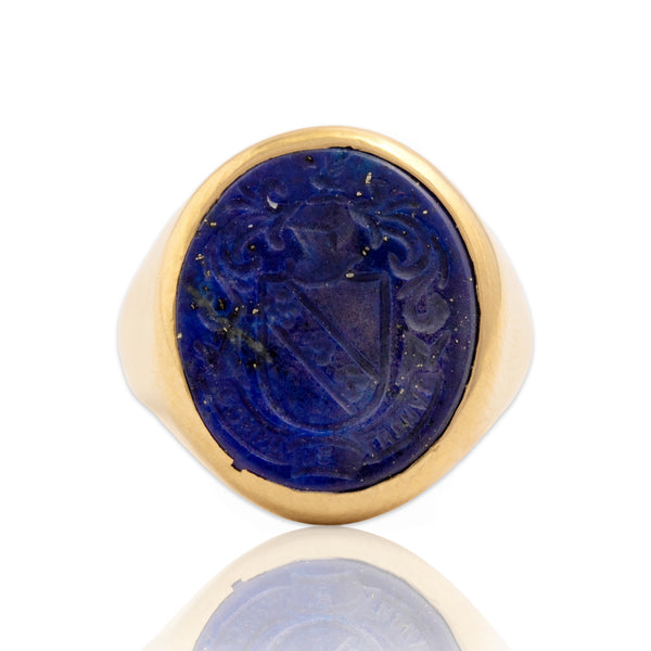 Vintage 14k Yellow Gold Lapis Lazuli Incredible Carved Coat Of Arms Signet Ring 6.00