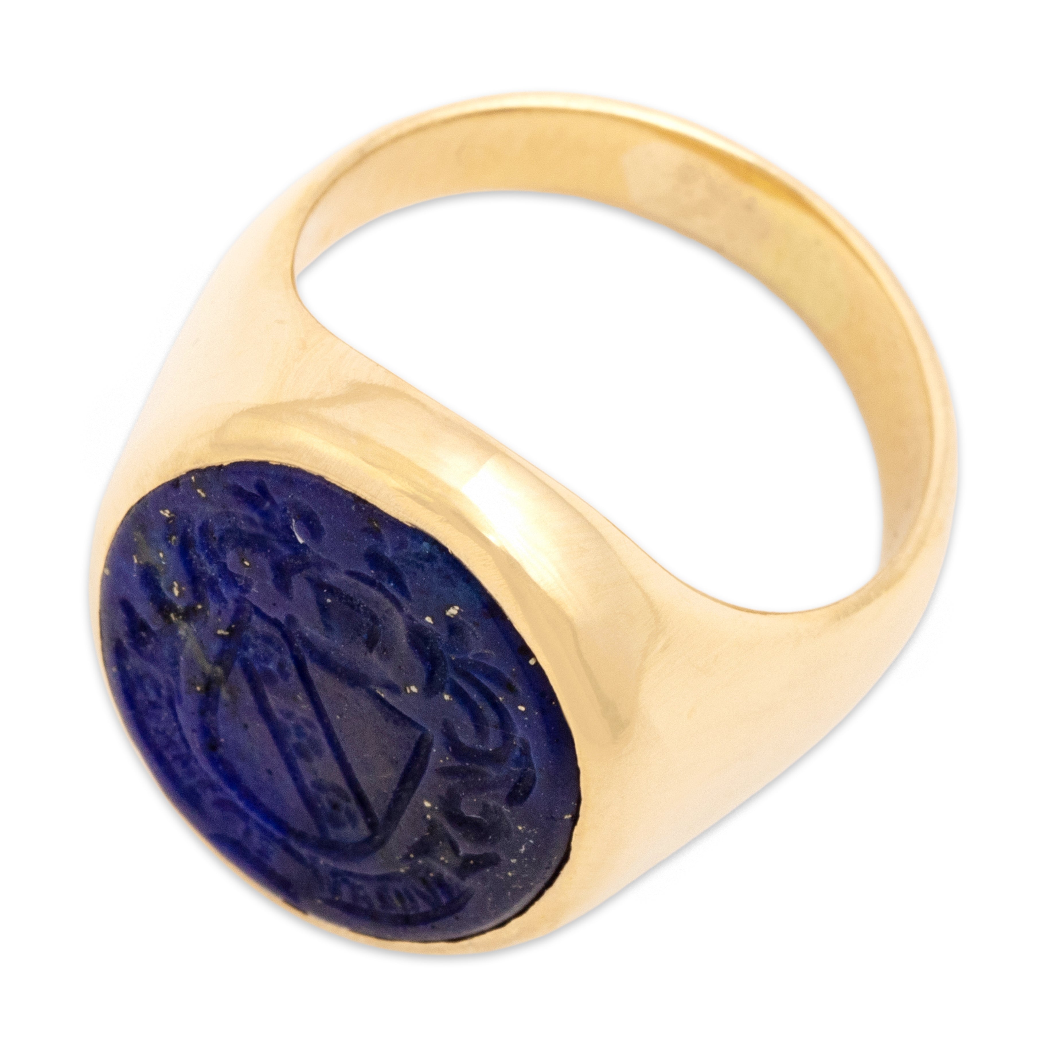 Vintage 14k Yellow Gold Lapis Lazuli Incredible Carved Coat Of Arms Signet Ring - Overall view