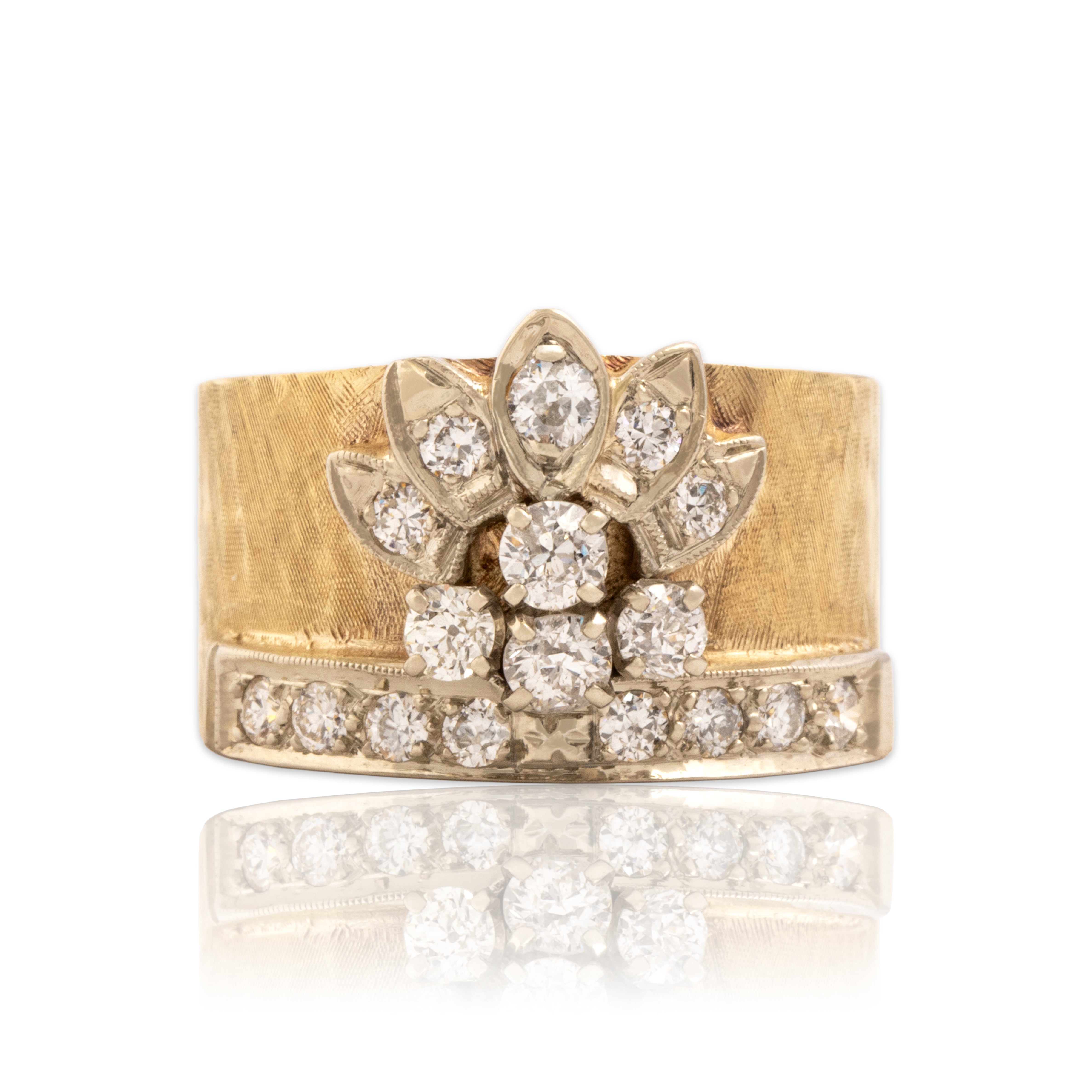 Vintage Heavy 14k Yellow & White Gold .88cttw Old European Old Mine Cut Diamond Fantastic Brushed Floral Spray Wide Band Ring - Close-up view