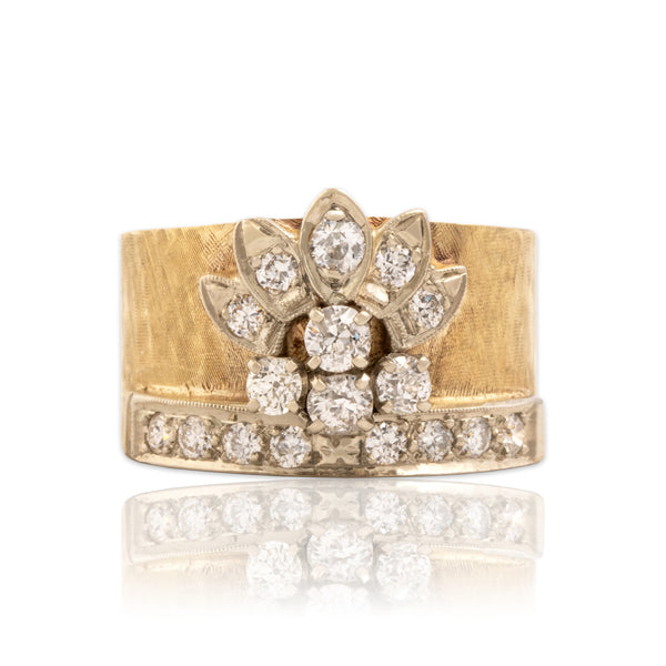 Vintage Heavy 14k Yellow & White Gold .88cttw Old European Old Mine Cut Diamond Fantastic Brushed Floral Spray Wide Band Ring - Close-up view