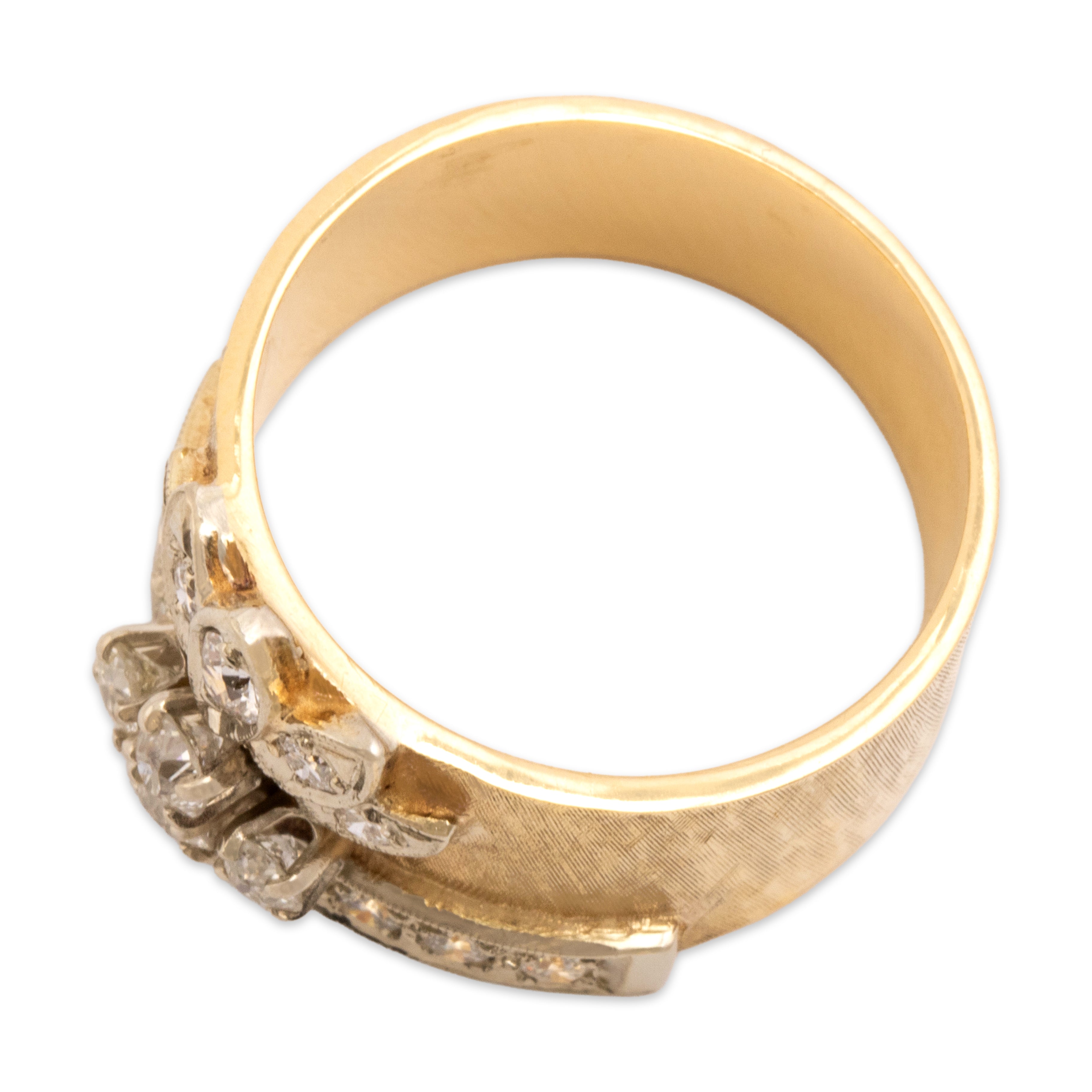 Vintage Heavy 14k Yellow & White Gold .88cttw Old European Old Mine Cut Diamond Fantastic Brushed Floral Spray Wide Band Ring - Overall view