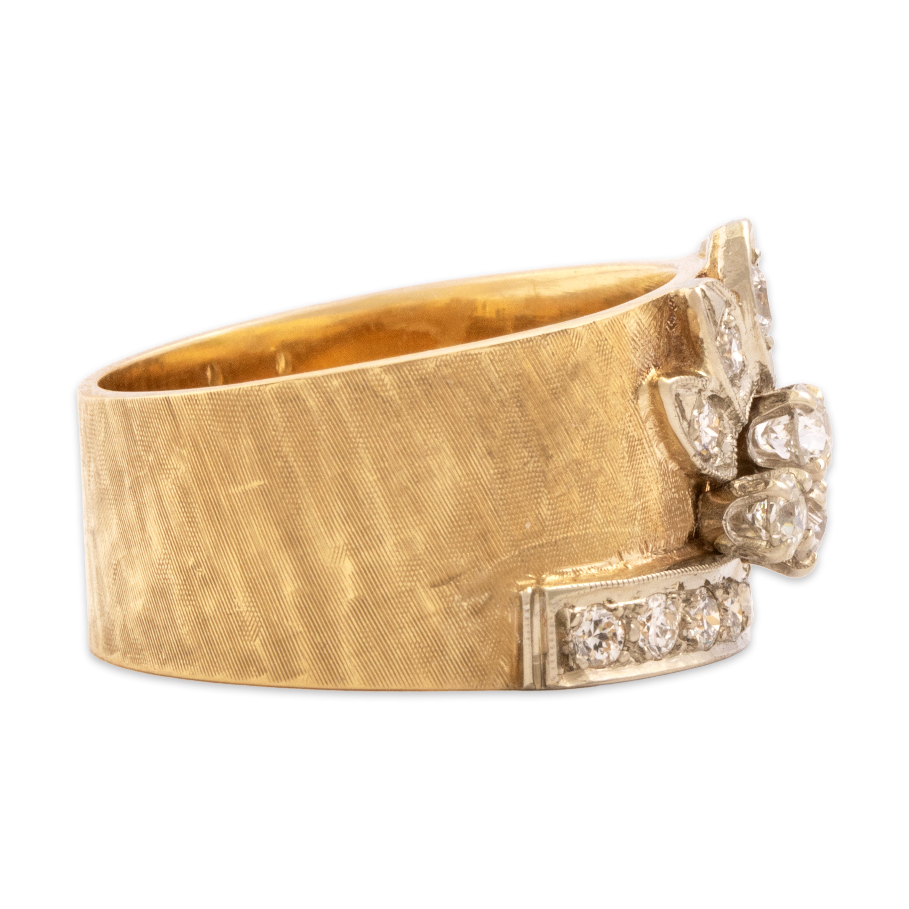 Vintage Heavy 14k Yellow & White Gold .88cttw Old European Old Mine Cut Diamond Fantastic Brushed Floral Spray Wide Band Ring - Side view