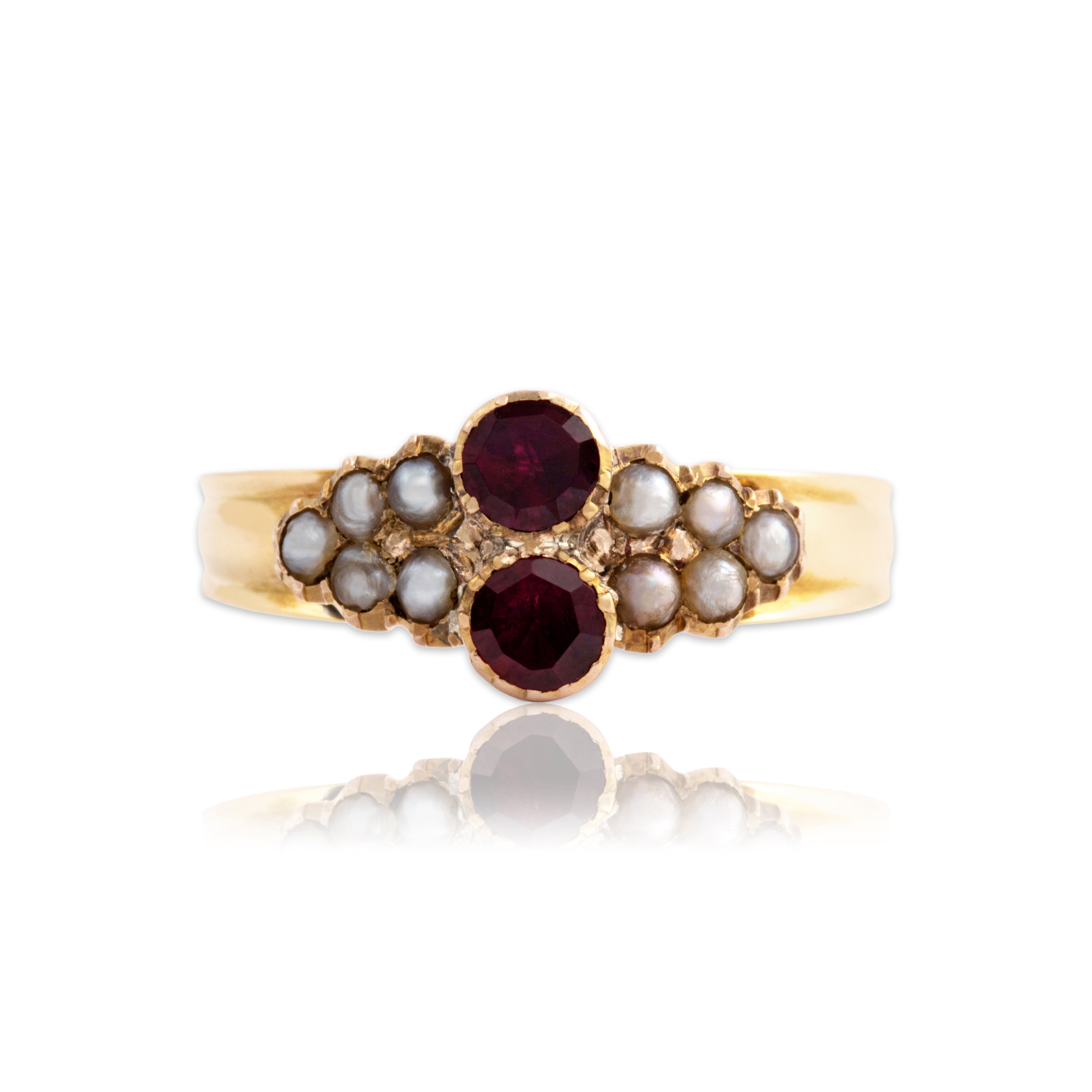 Antique Victorian 14k Yellow Gold Pink Foil-Backed Garnet Pearl Duo Ring 7.25