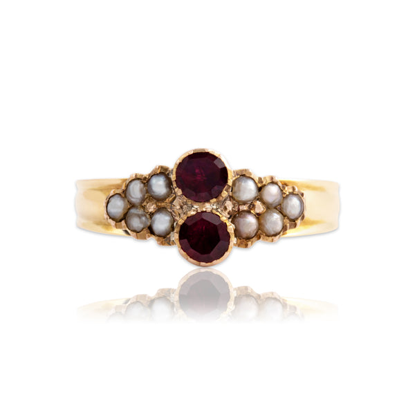 Antique Victorian 14k Yellow Gold Pink Foil-Backed Garnet Pearl Duo Ring 7.25