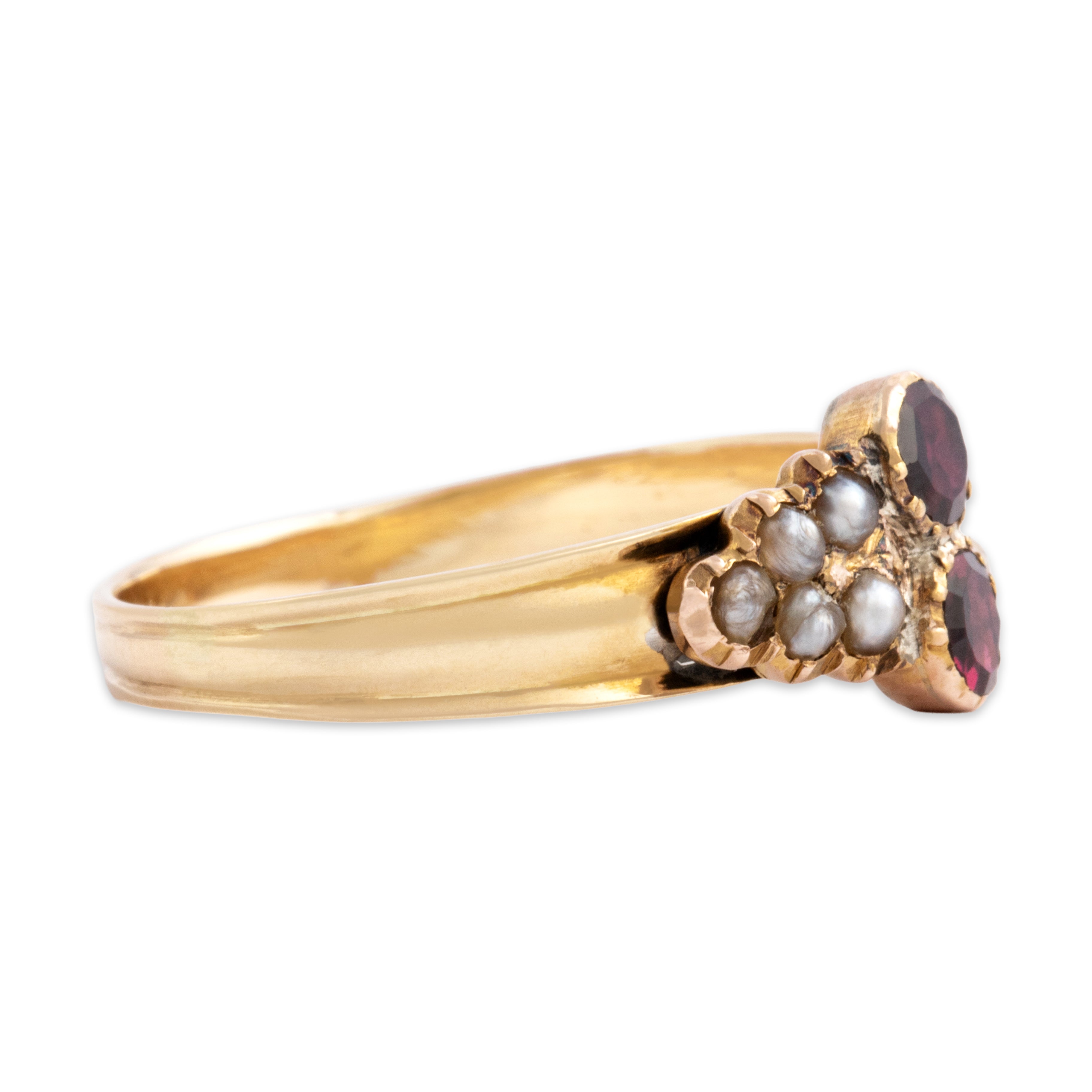 Antique Victorian 14k Yellow Gold Pink Foil-Backed Garnet Pearl Romantic Stacked Duo Ring - Side view