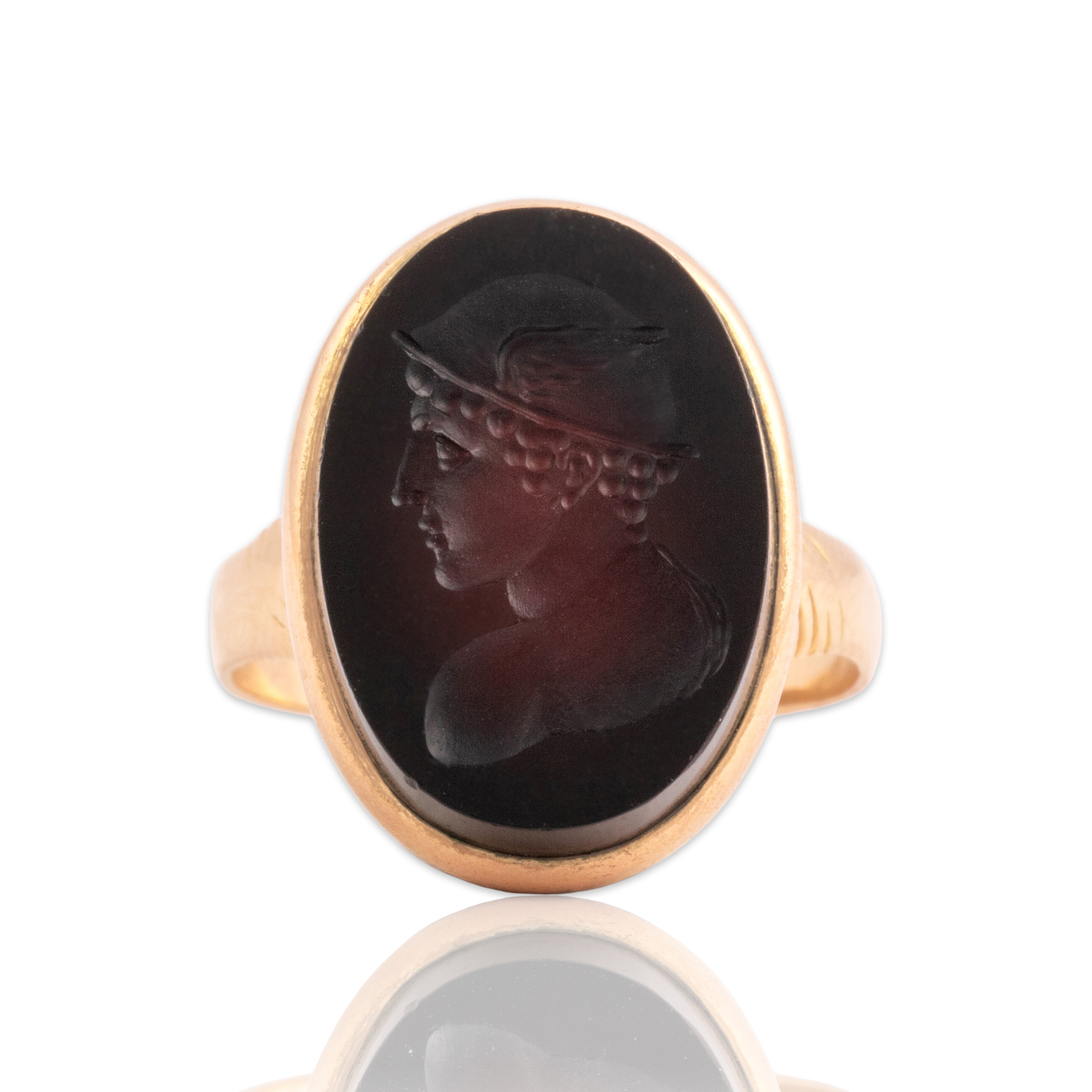 Antique Victorian 14k Rosy Yellow Gold 4.48ct Sard Classical Carved Hermes Cameo Ring - Close-up view