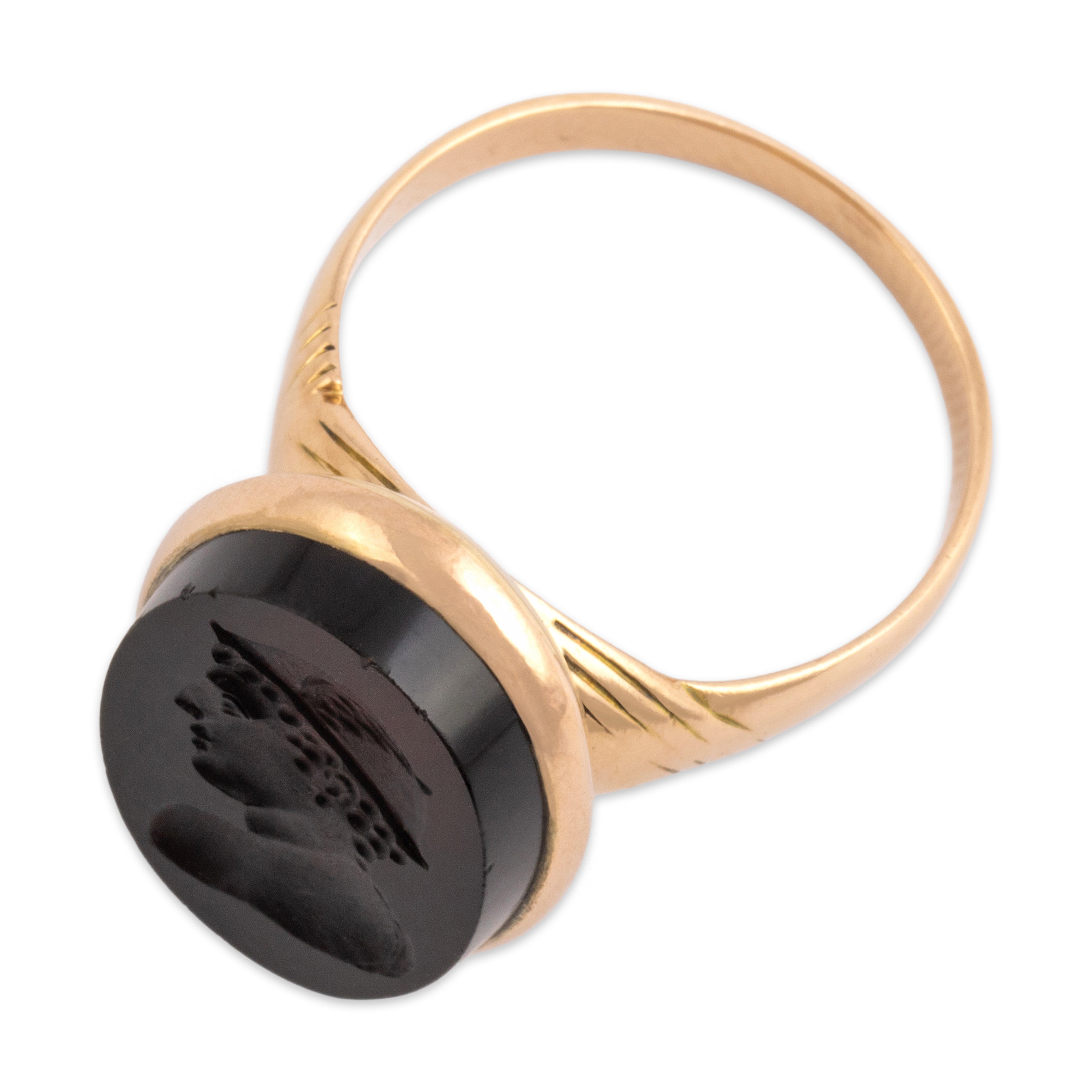 Antique Victorian 14k Rosy Yellow Gold 4.48ct Sard Classical Carved Hermes Cameo Ring - Overall view