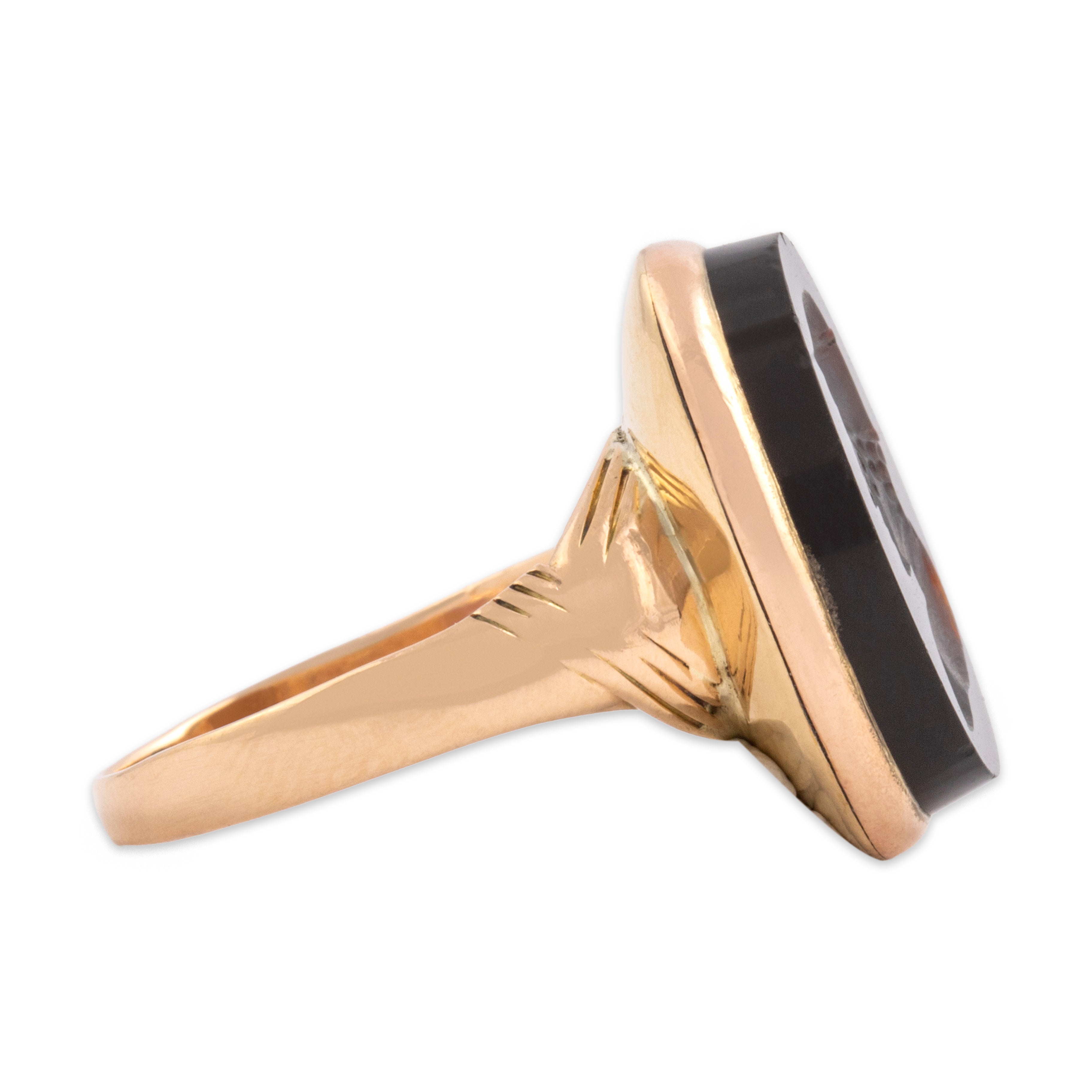 Antique Victorian 14k Rosy Yellow Gold 4.48ct Sard Classical Carved Hermes Cameo Ring - Side view