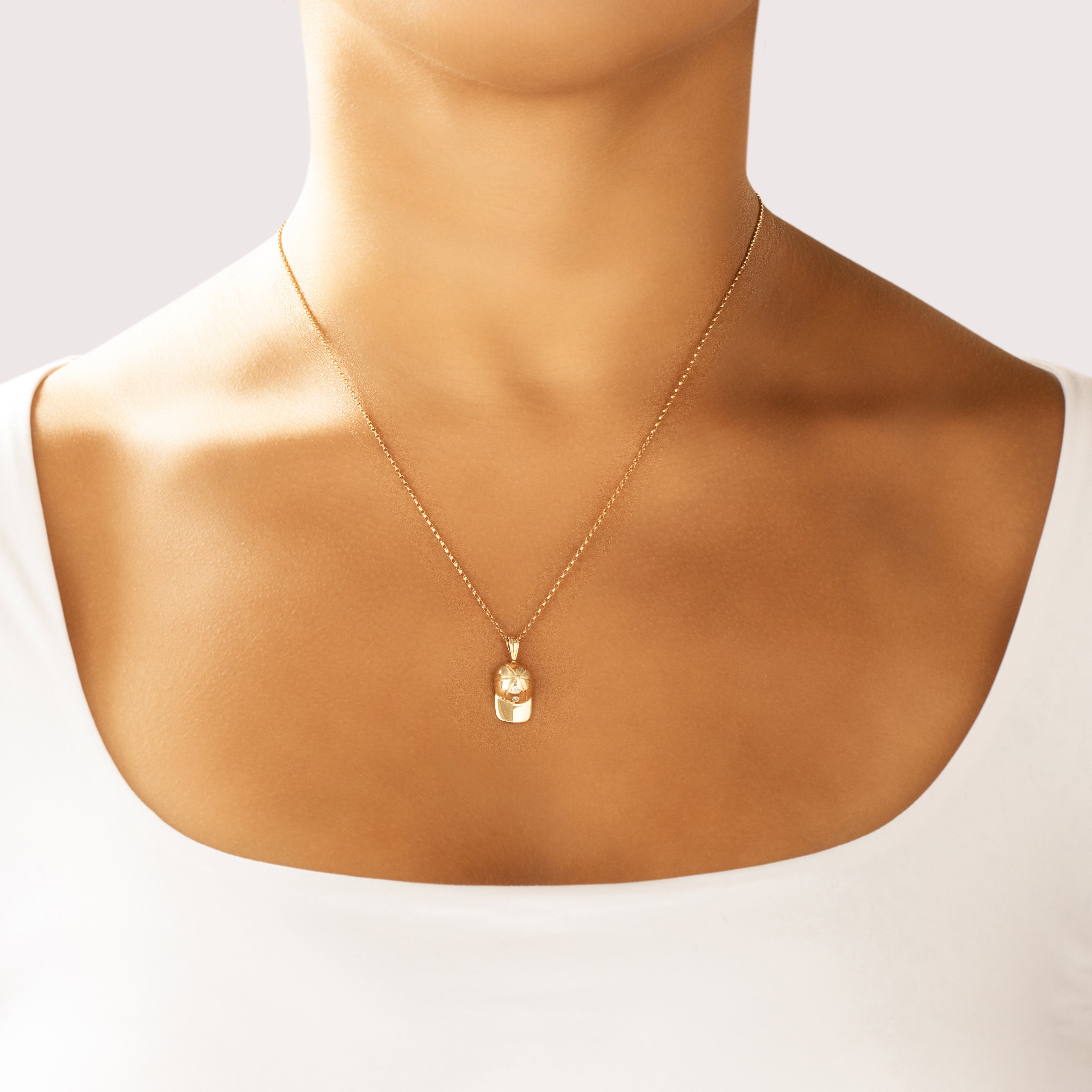 Vintage 14k Yellow Gold Diamond Sporty Baseball Cap Pendant - On model view