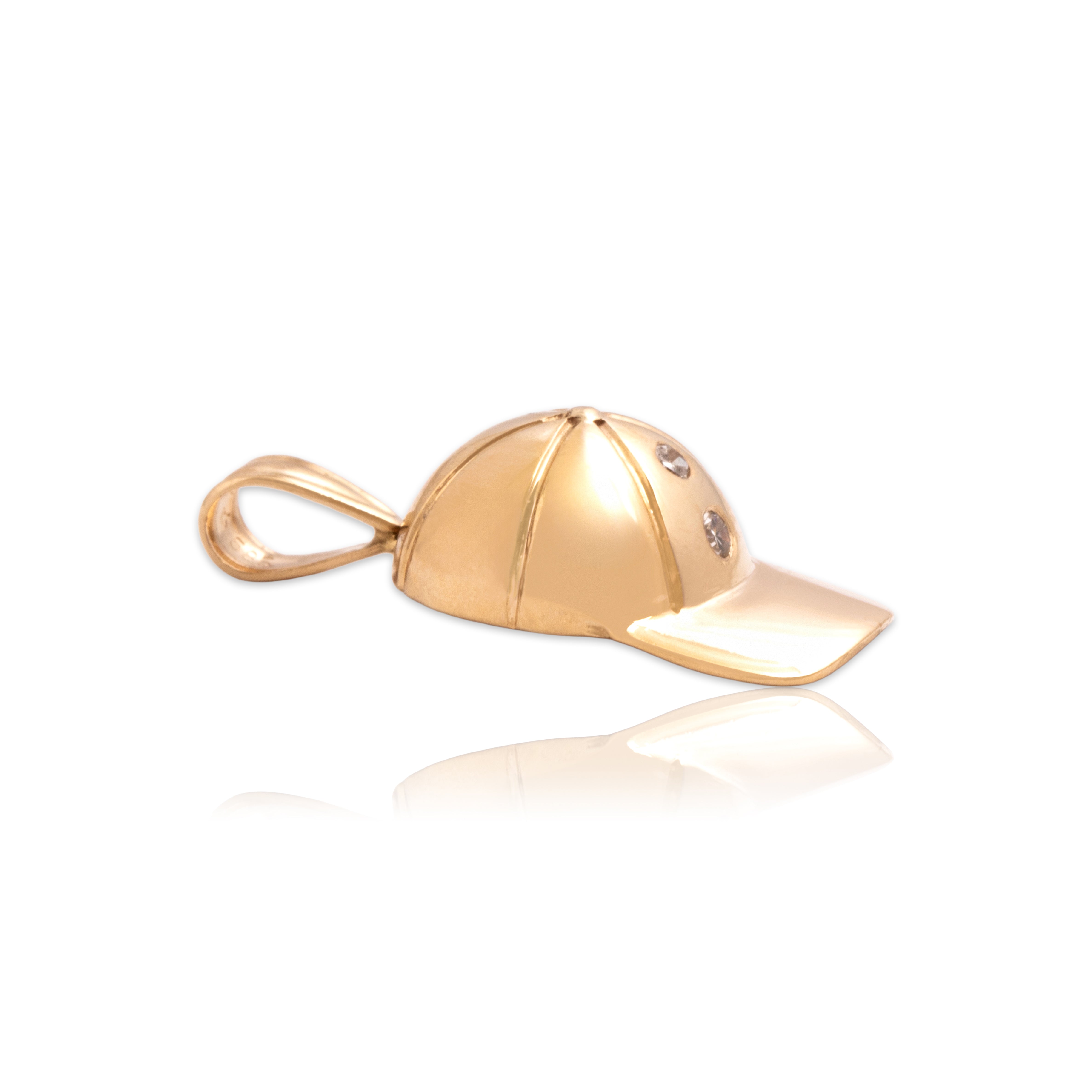 Vintage 14k Yellow Gold Diamond Sporty Baseball Cap Pendant - Close-up view