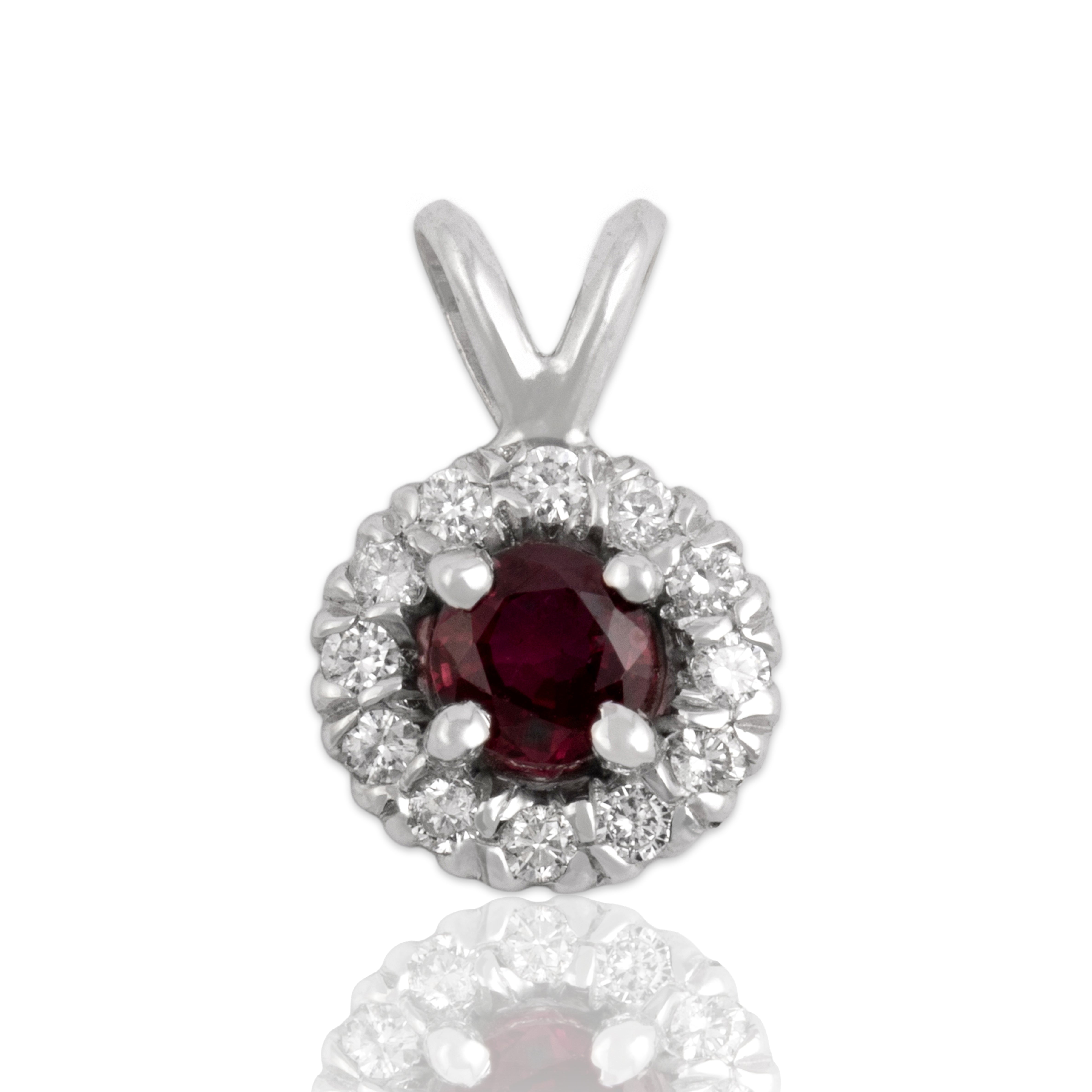 Vintage Small 14k White Gold Ruby Diamond Scarlet Halo Pendant - Close-up view