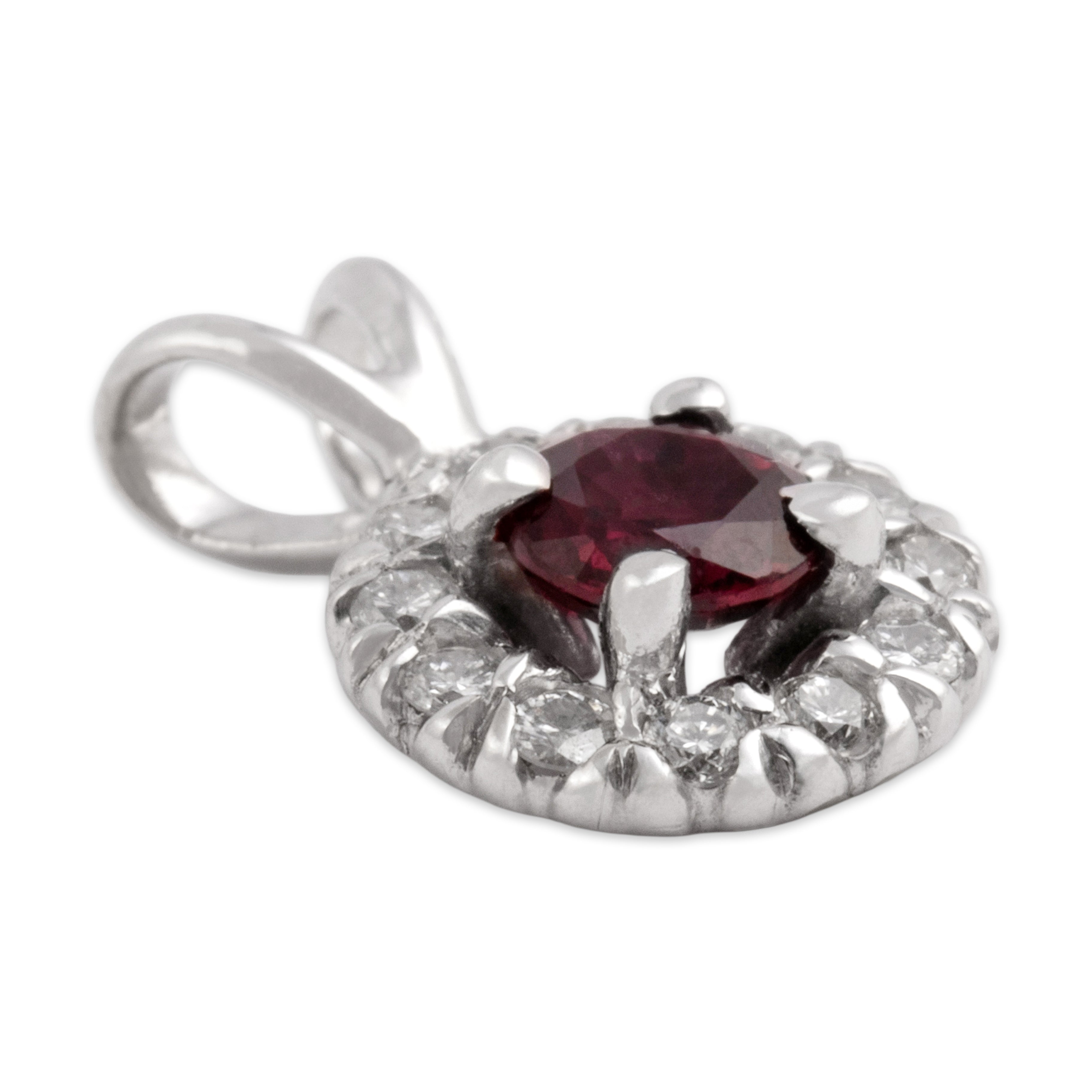 Vintage Small 14k White Gold Ruby Diamond Scarlet Halo Pendant - Side view
