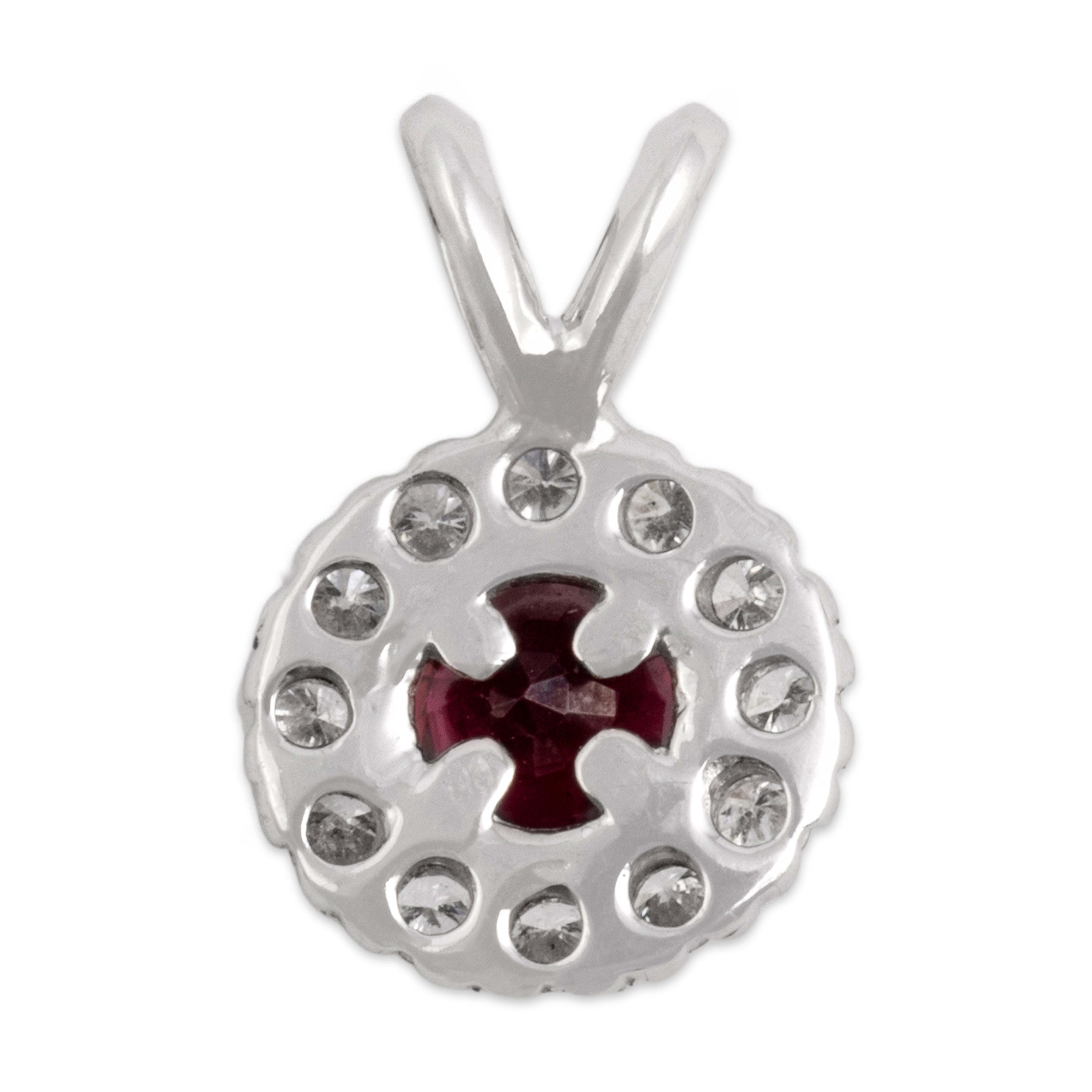 Vintage Small 14k White Gold Ruby Diamond Scarlet Halo Pendant - Back view