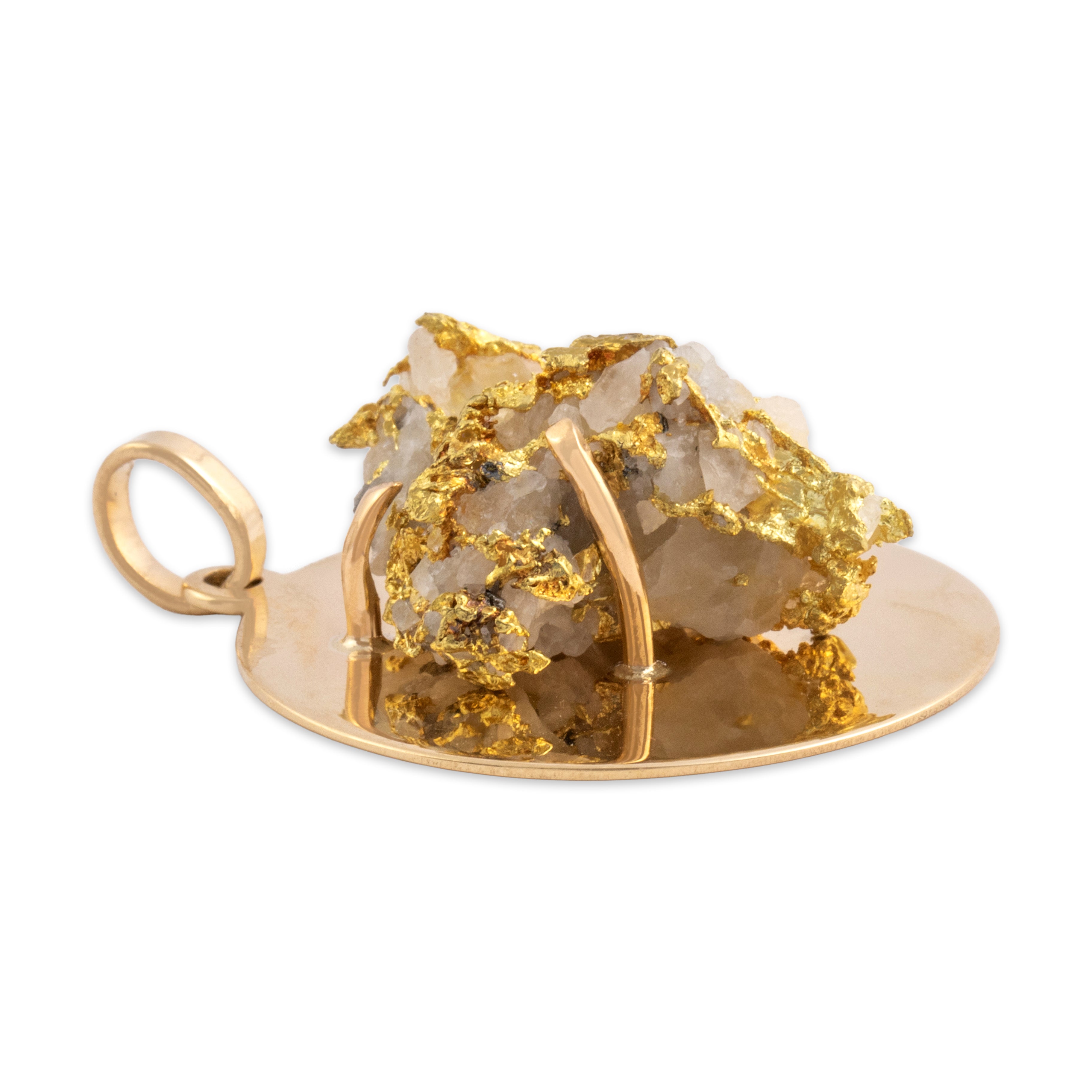Vintage Heavy 14k Yellow Gold Gold-Vein Quartz Striking Naturalistic Medallion Pendant - Side view